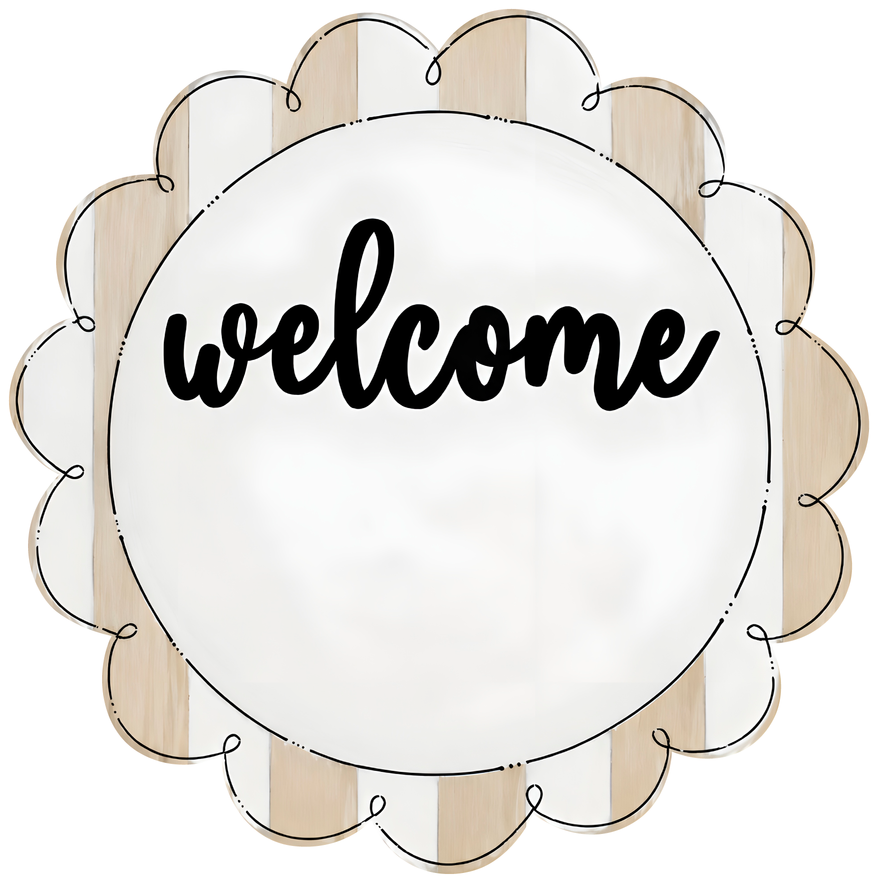 CHELLE BELLE'S CREATIONS SCALLOPED TAN AND WHITE WELCOME