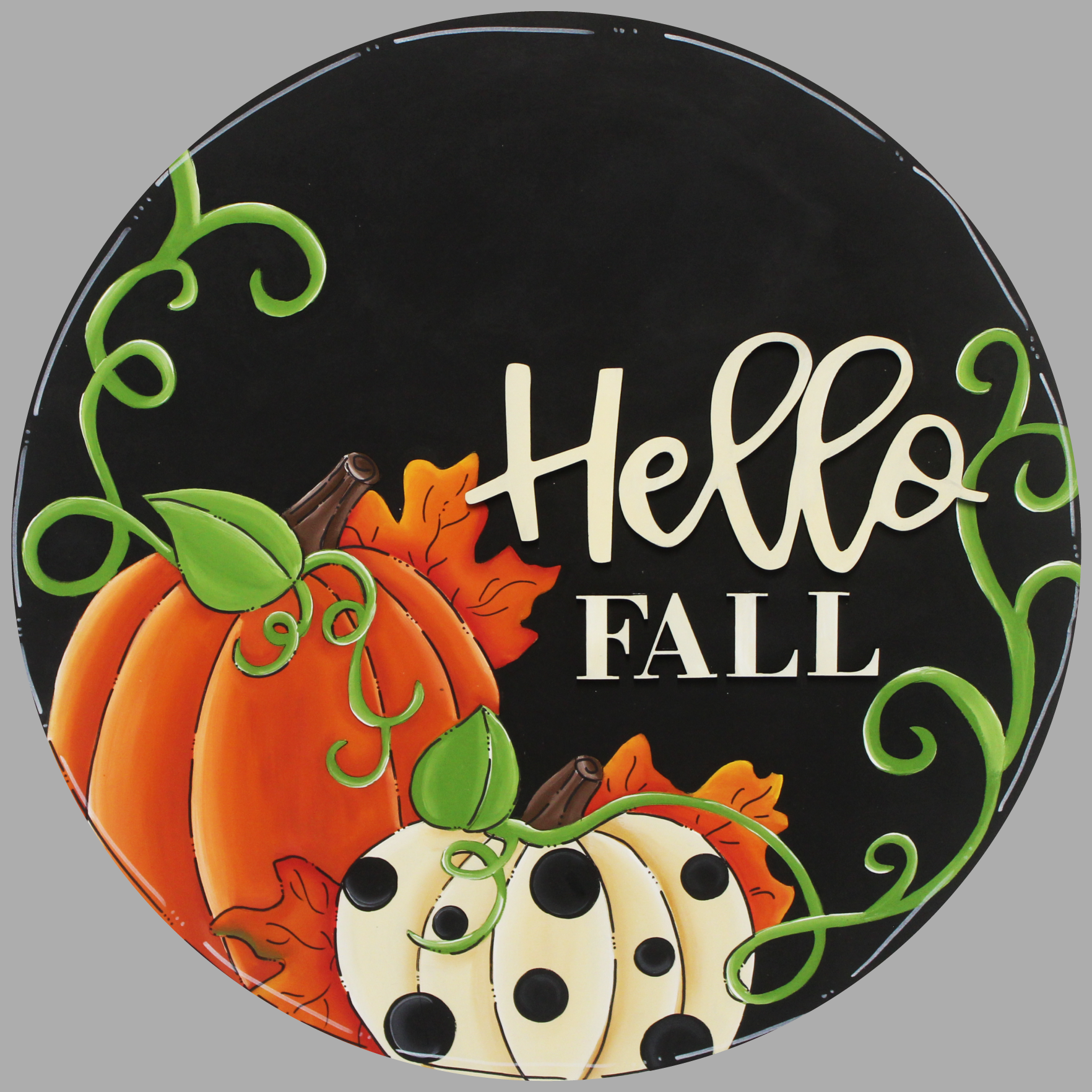 CHELLE BELLE'S CREATIONS BLACK ROUND ORANGE PUMPKIN WHITE BLACK DOTS HELLO FALL