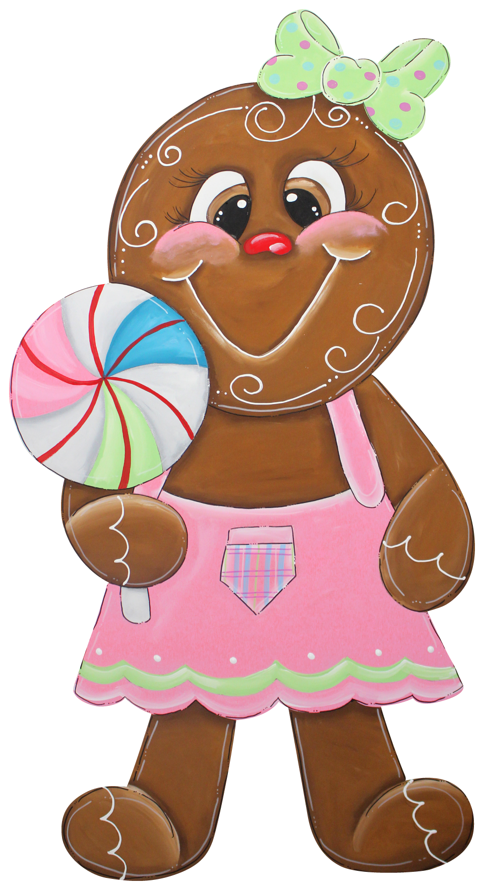 CHELLE BELLE'S CREATIONS GINGERBREAD GIRL WITH PINK DRESS GREEN BOW AND LOLLIPOP