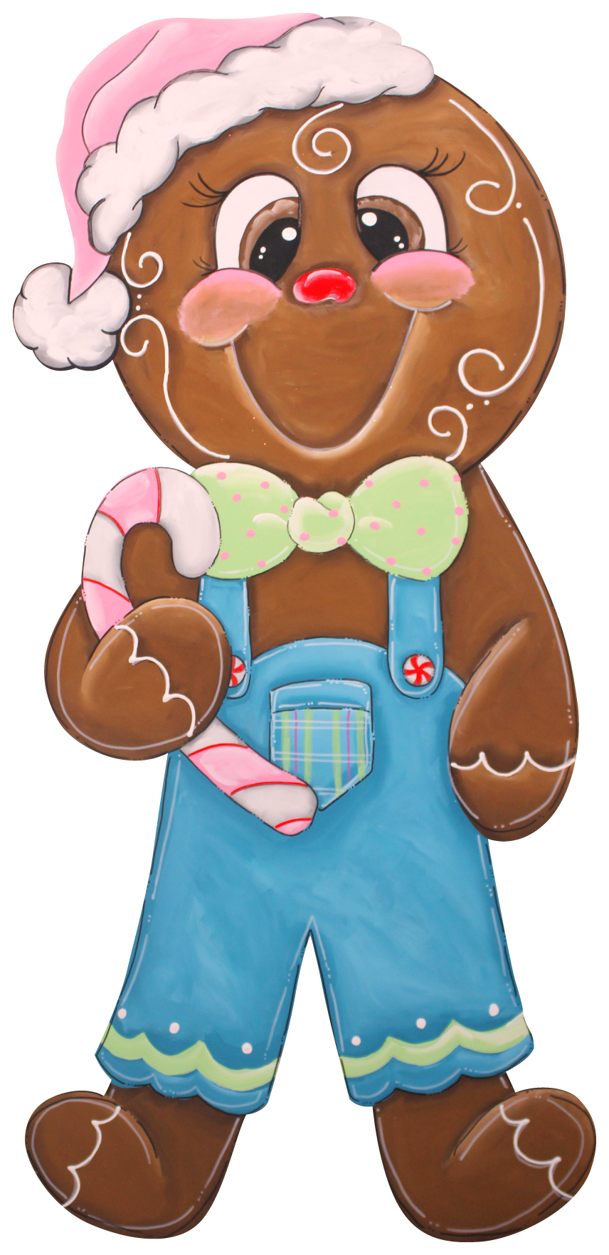 CHELLE BELLE'S CREATIONS GINGERBREAD BOY BLUE OVERALLS PINK SANTA HAT GREEN TIE