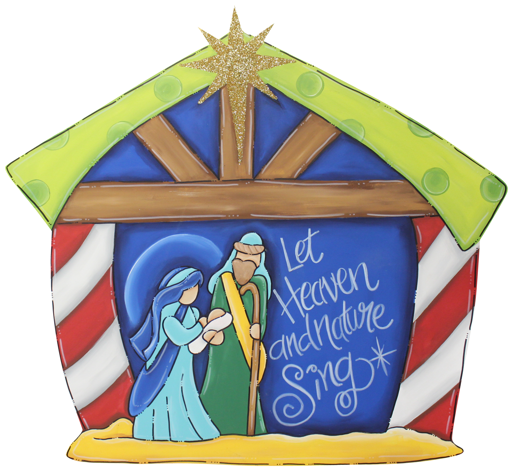 CHELLE BELLE'S CREATIONS RED WHITE GREEN TAN BLUE NATIVITY LET HEAVEN AND NATURE SING