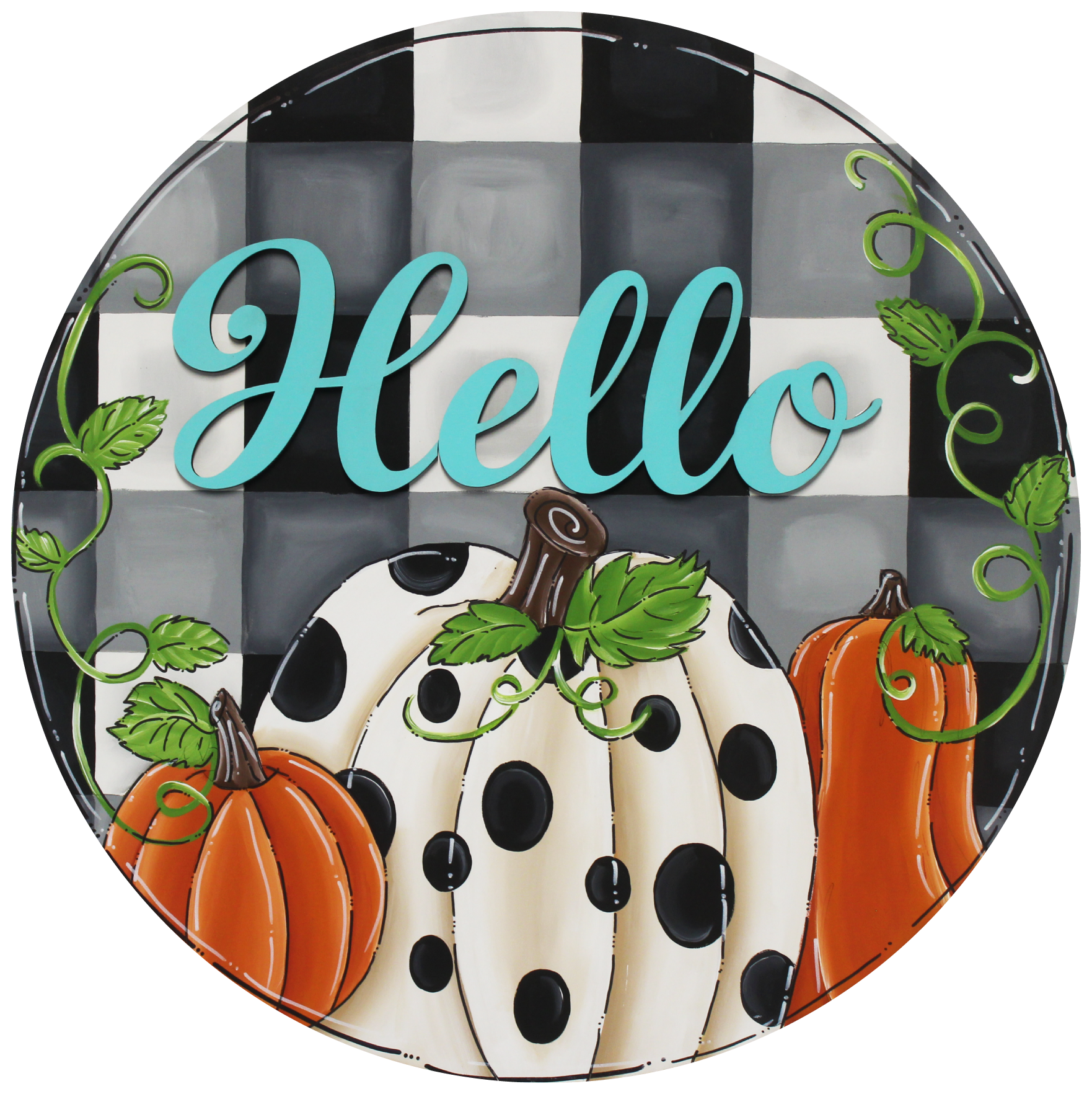 CHELLE BELLE'S CREATIONS ROUND BLACK AND WHITE  TEAL HELLO 2 ORANGE PUMPKINS WHITE WITH BLACK DOT PUMPKIN