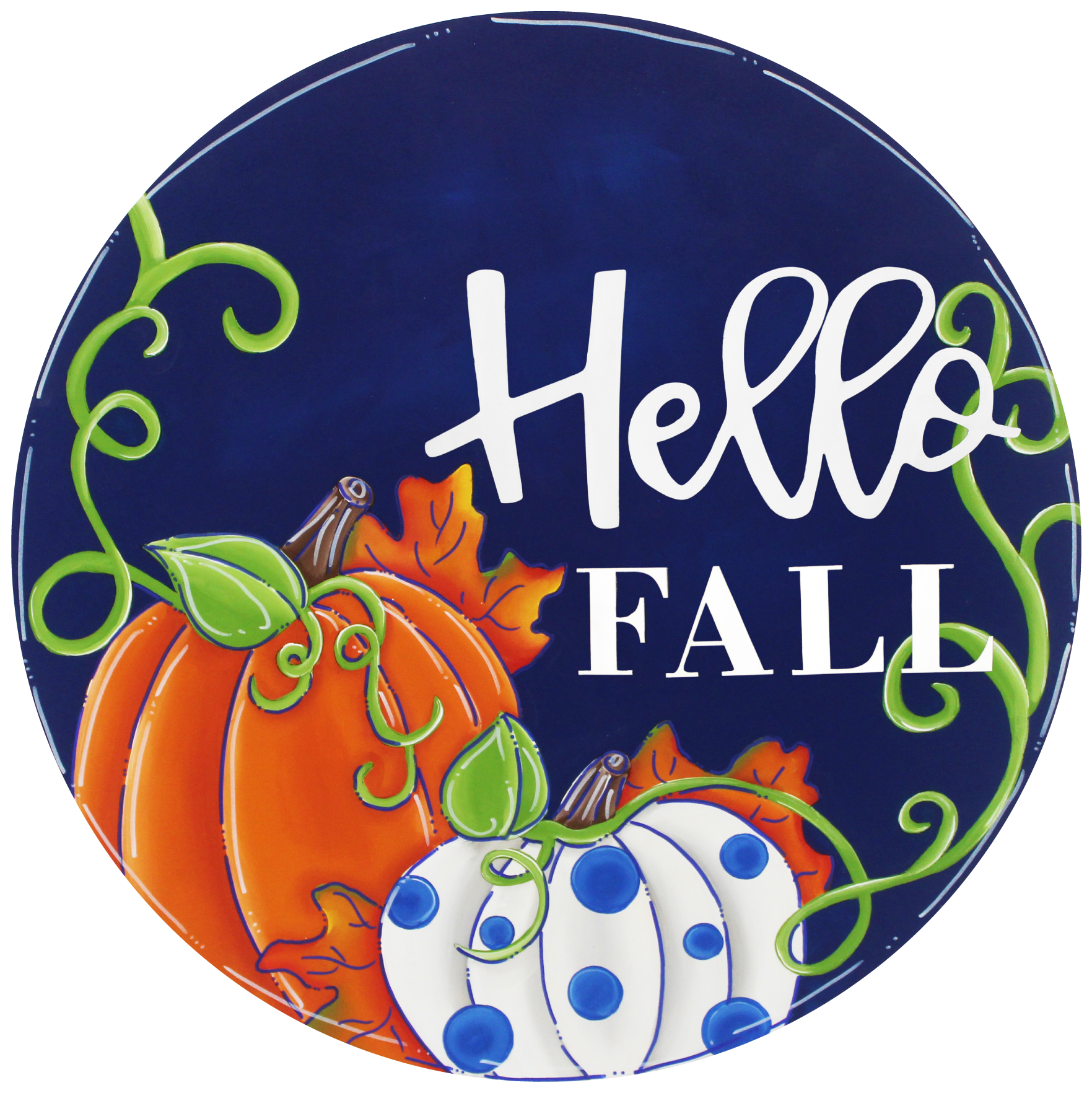 CHELLE BELLE'S CREATIONS ROUND DARK BLUE WHITE HELLO FALL ORNAGE PUMPKIN WHITE BLUE DOT PUMPKIN