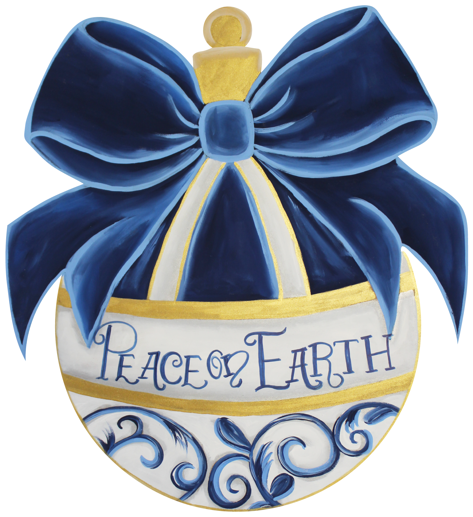 CHELLE BELLE'S CREATIONS ORNAMNET WITH BLUE RIBBON PEACE ON EARTH