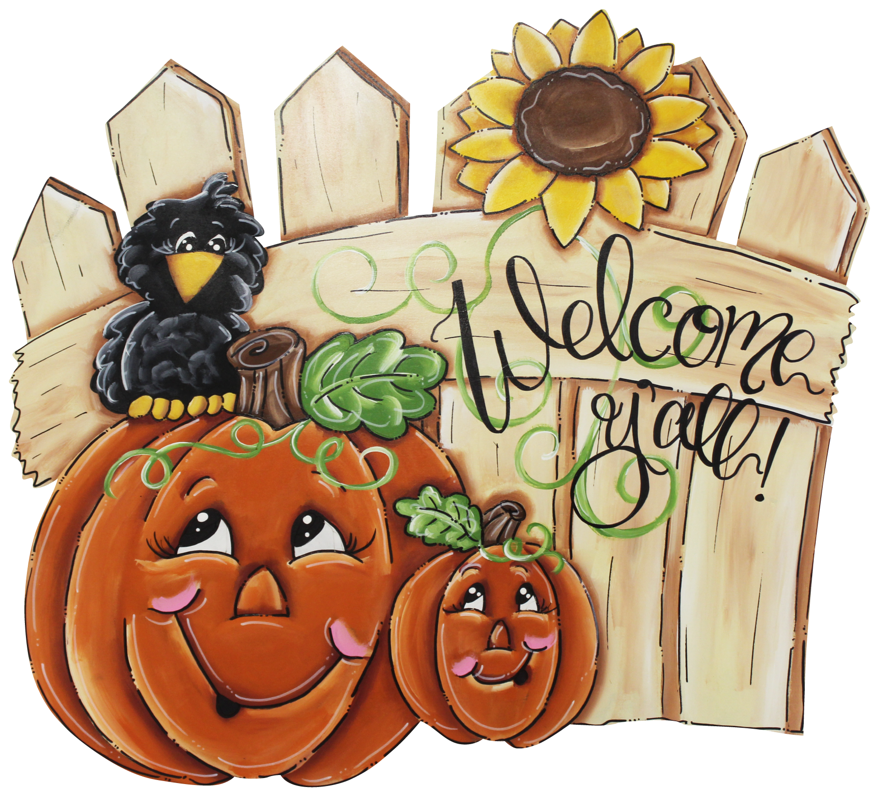 CHELLE BELLE'S CREATIONS FENCE WITH PUMPKINS SUNFLOWER AND CROW