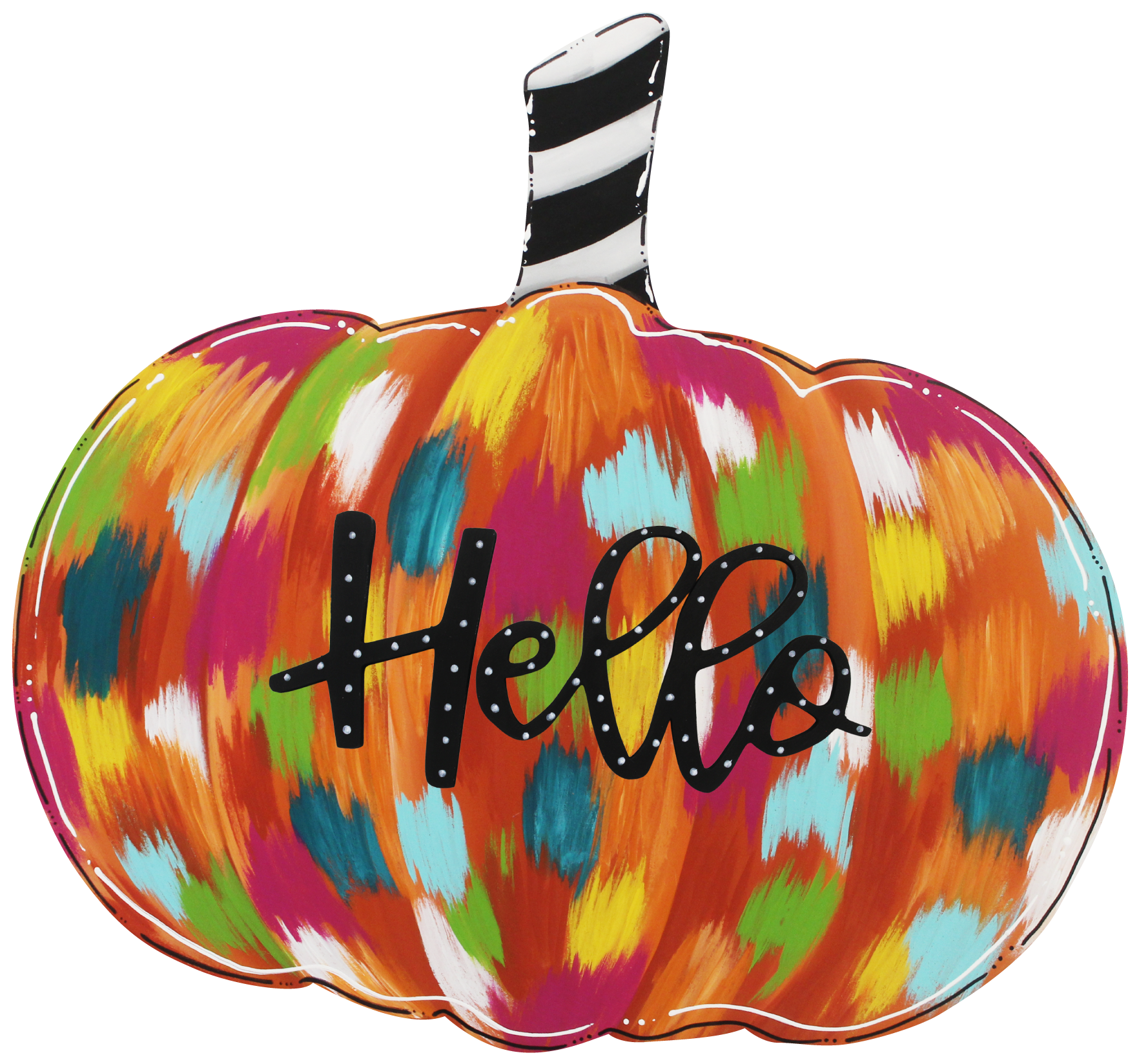 CHELLE BELLE'S CREATIONS COLORFUL PUMPKIN WITH BLACK AND WHITE STEM  HELLO