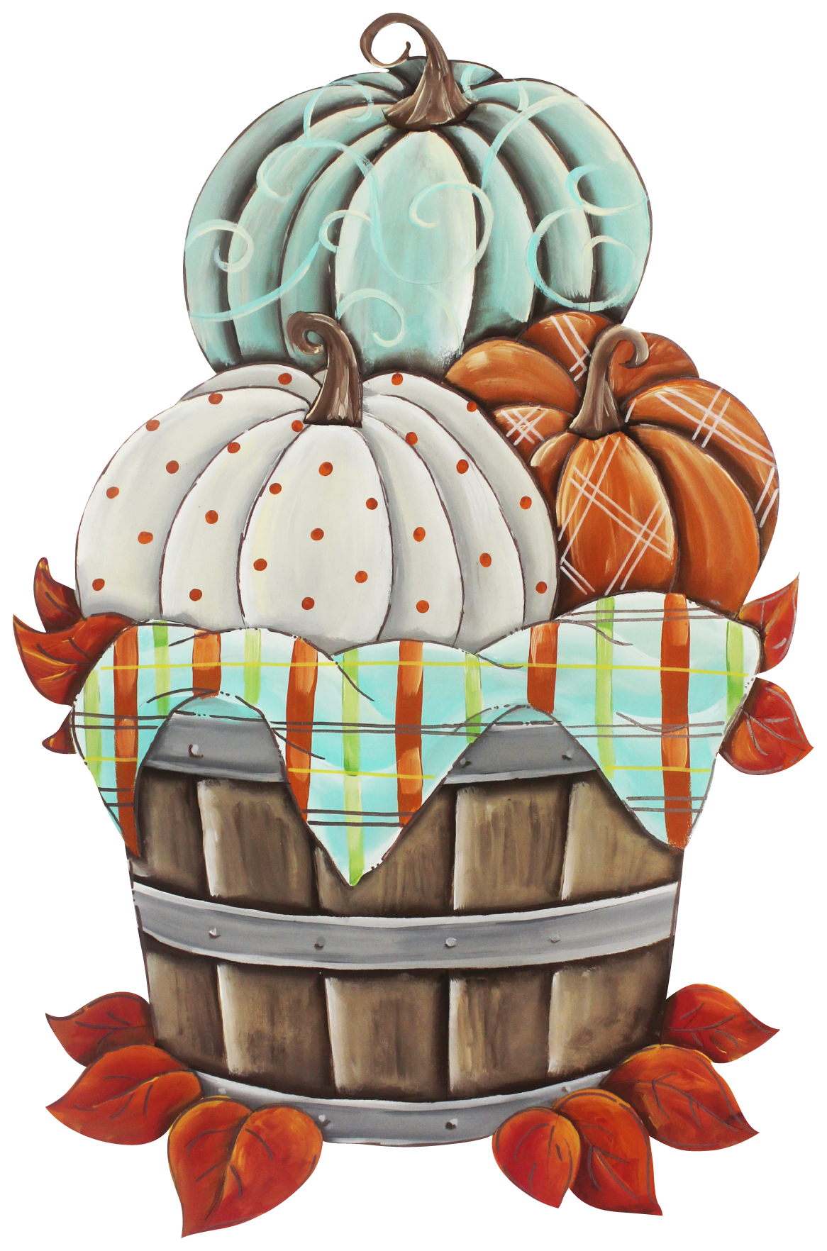 CHELLE BELLE'S CREATIONS TEAL WHITE ORANGE PUMPKINS IN A BASKET
