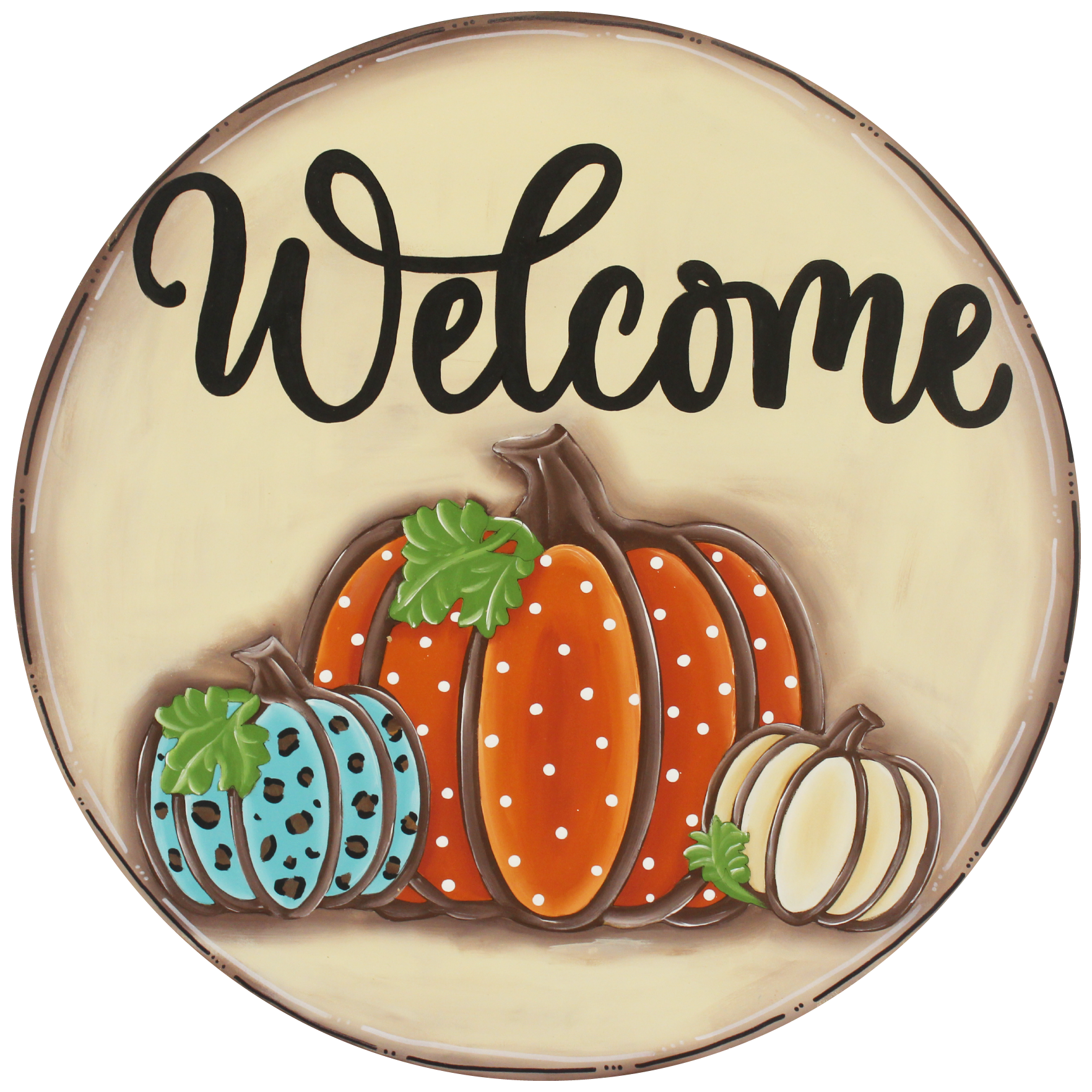 CHELLE BELLE'S CREATIONS ROUND TAN WITH ORANGE BLUE AND CREAM PUMPKINS WELCOME