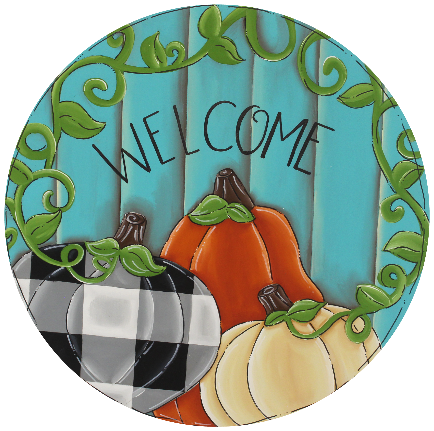 CHELLE BELLE'S CREATIONS ROUND TEAL GREEN WELCOME WITH ORANGE CREAM AND BLACK AND WHITEPUMPKIN