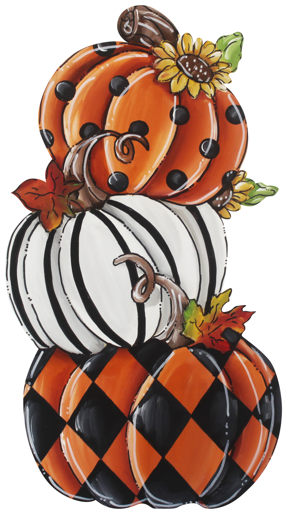CHELLE BELLE'S CREATIONS THREE PUMPKINS STACKED ORANGE BLACK WHITE BLACK