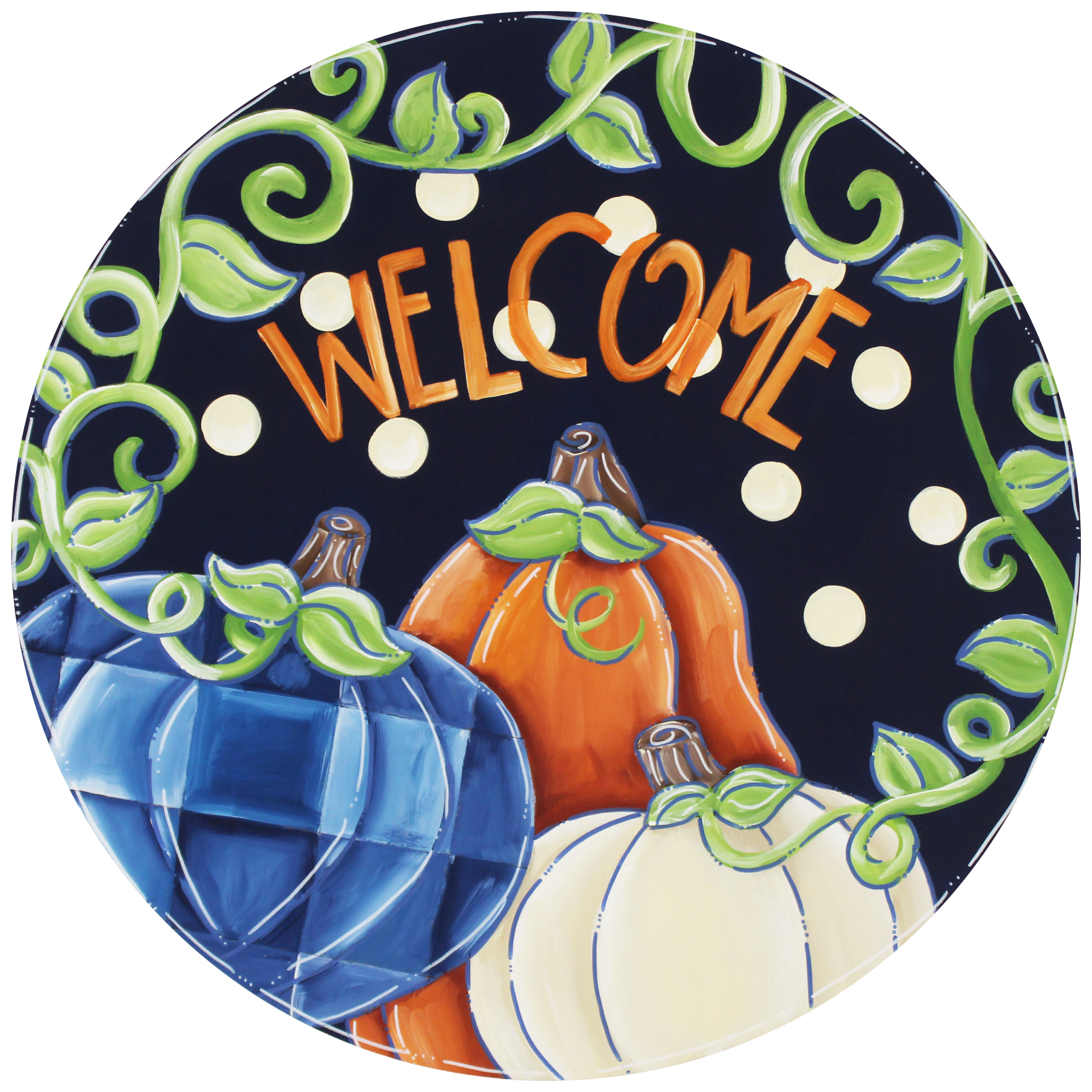 CHELLE BELLE'S CREATIONS BLACK GREEN WELCOME WITH BLUE CREAM ORANGE PUMPKINS