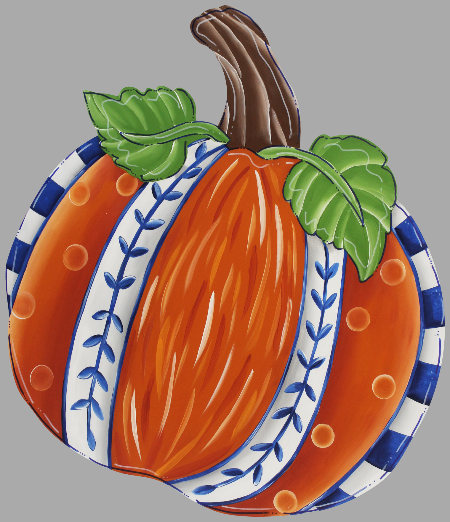 CHELLE BELLE'S CREATIONS BLUE AND WHITE ORANGE PUMPKIN GREEN LEAVES