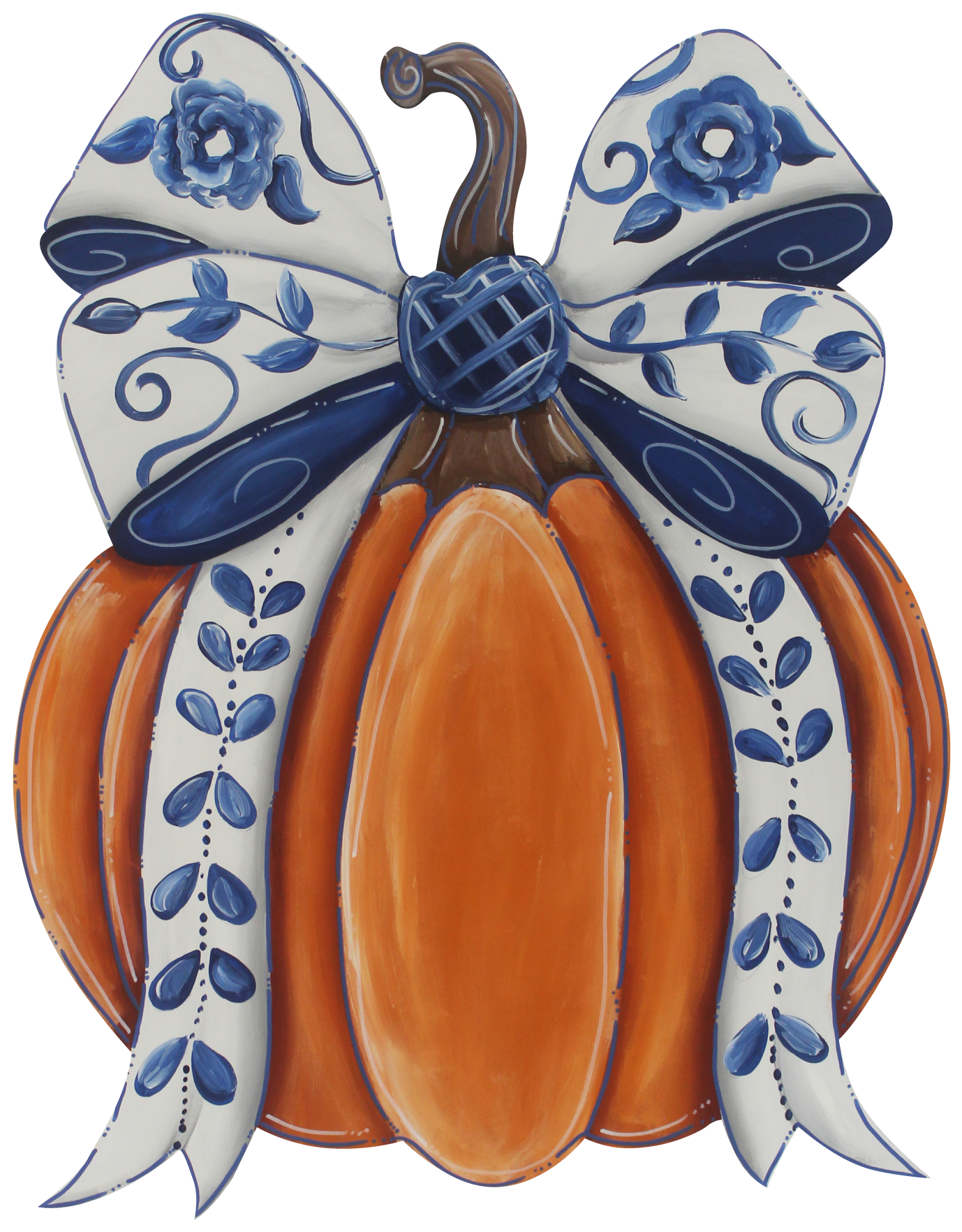 CHELLE BELLE'S CREATIONS ORANGE PUMPKIN WITH BLUE AND WHITE RIBBON