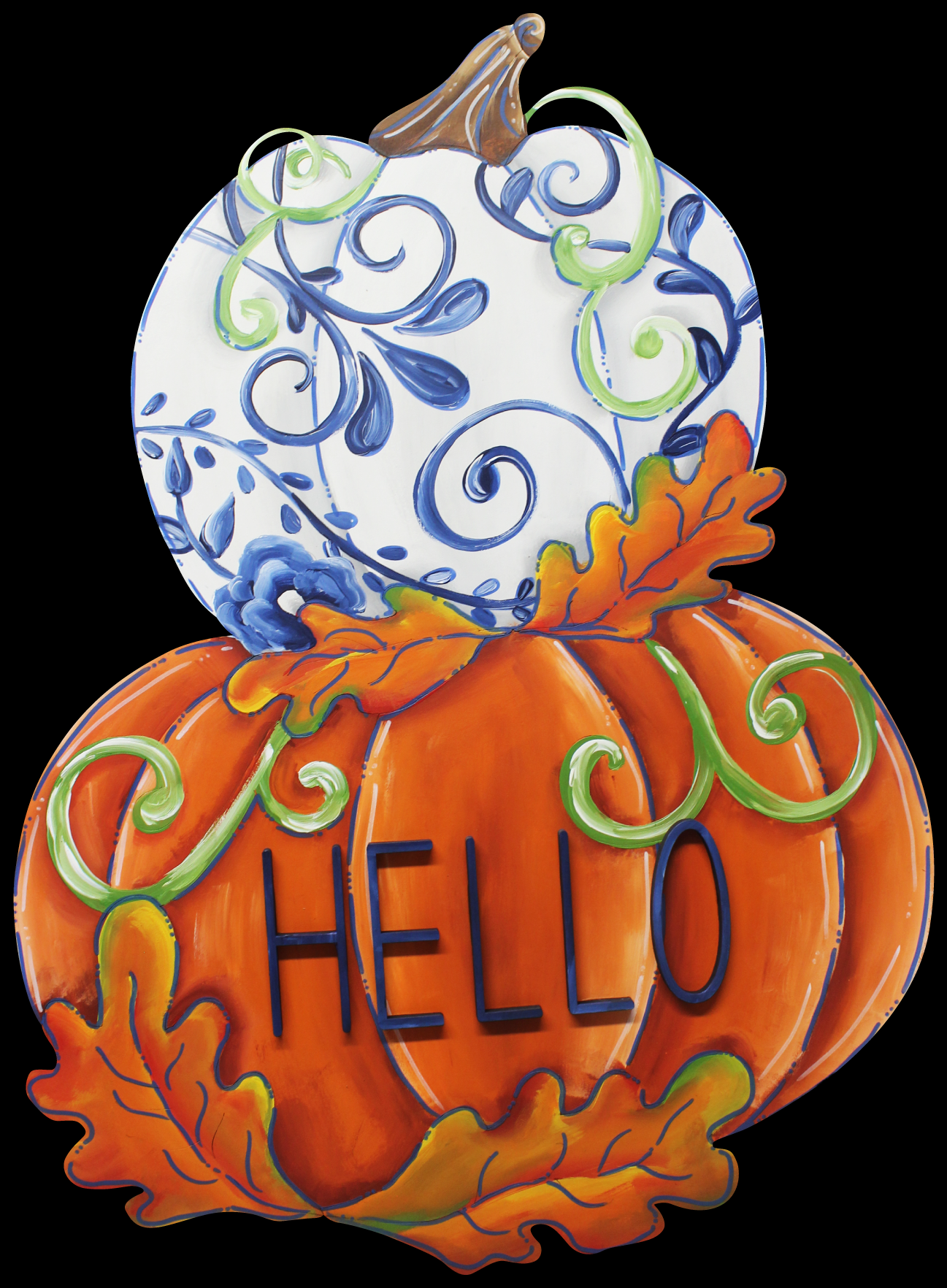 CHELLE BELLE'S CREATIONS DOUBLE STACKED PUMPKIN HELLO ORANGE AND BLUE CHINA