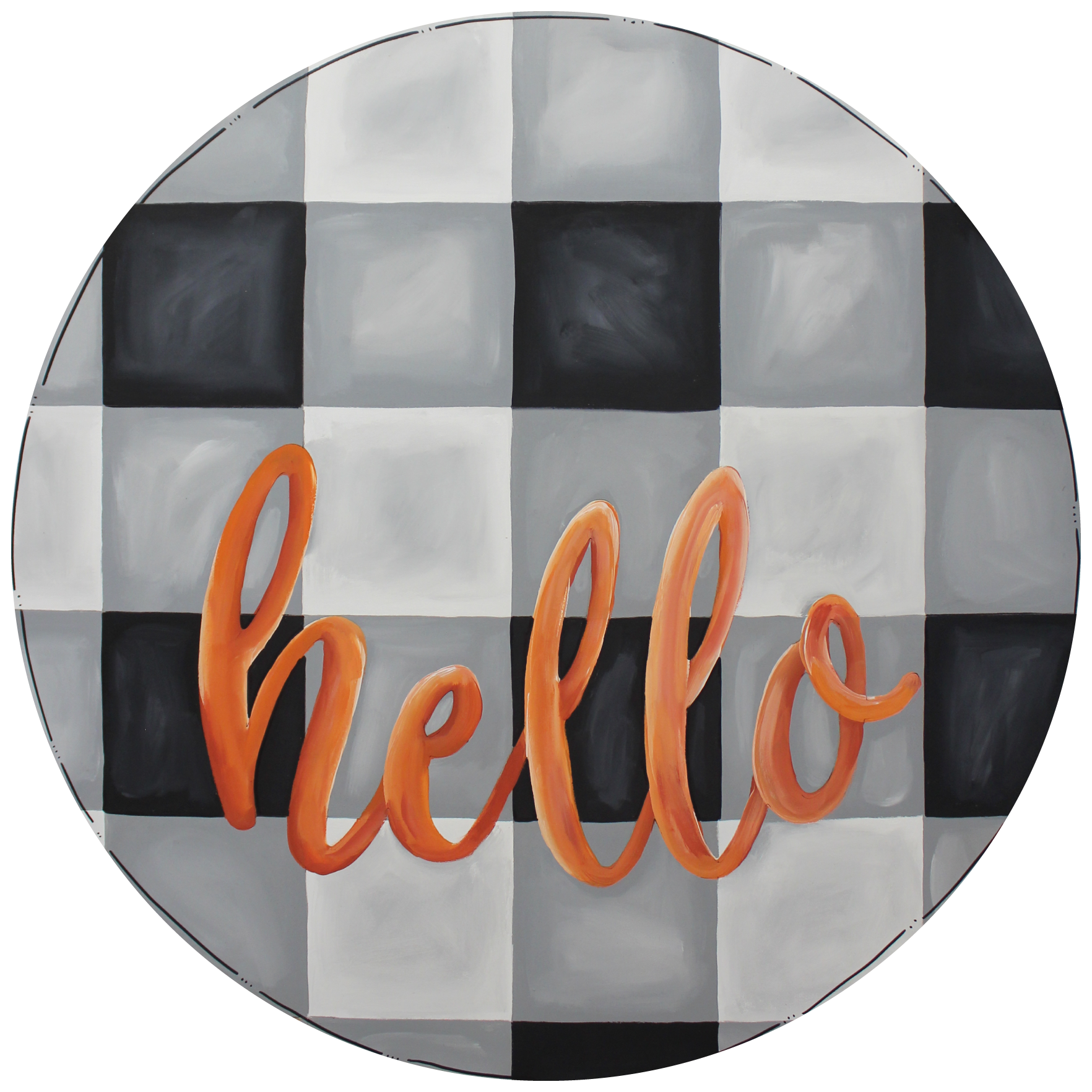 CHELLE BELLE'S CREATIONS  BLACK WHITE CIRCLE WITH ORANGE HELLO