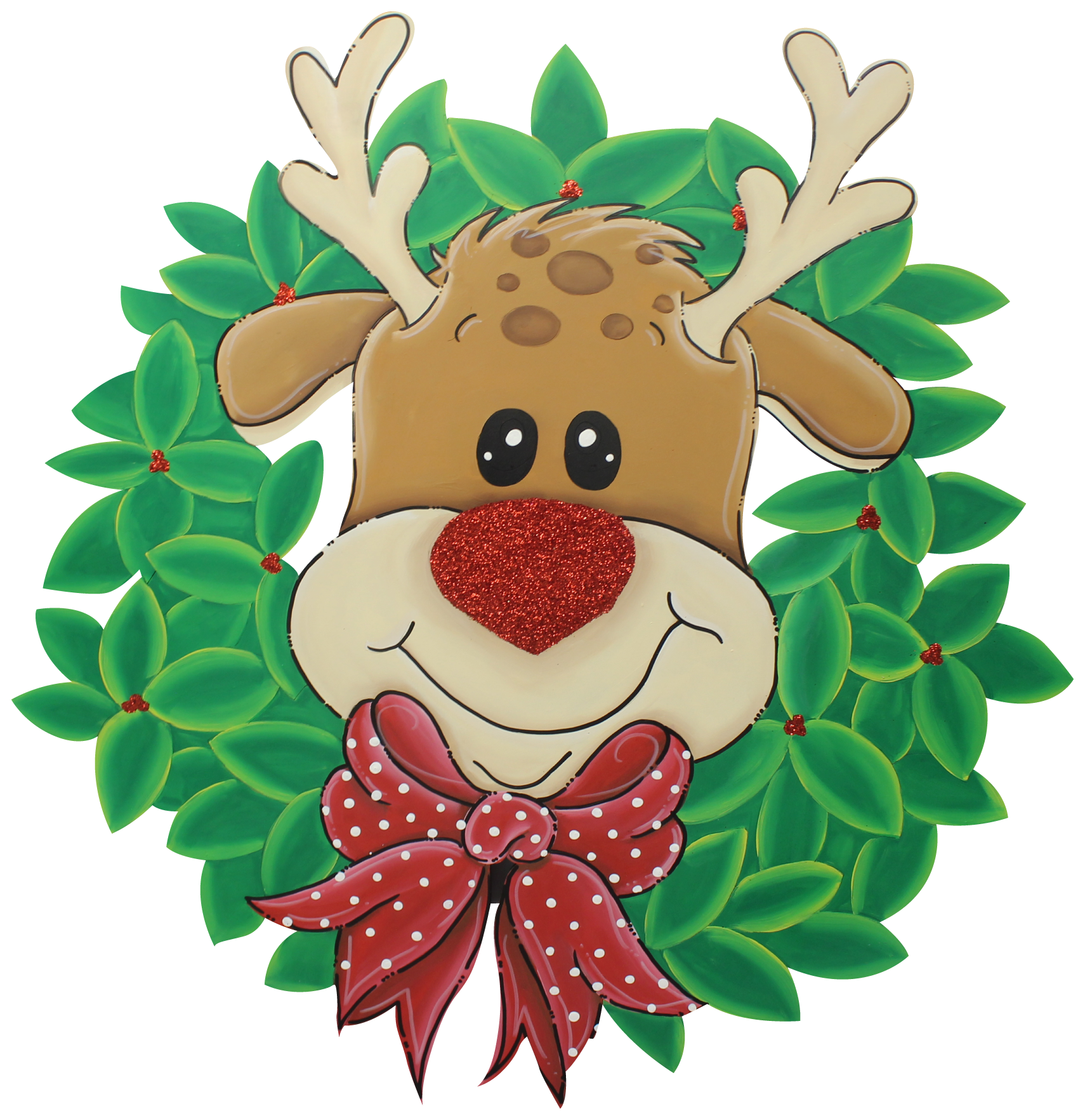 CHELLE BELLE'S CREATIONS GREEN WREATH WITH REINDEER RED BOW WITH WHITE DOTS