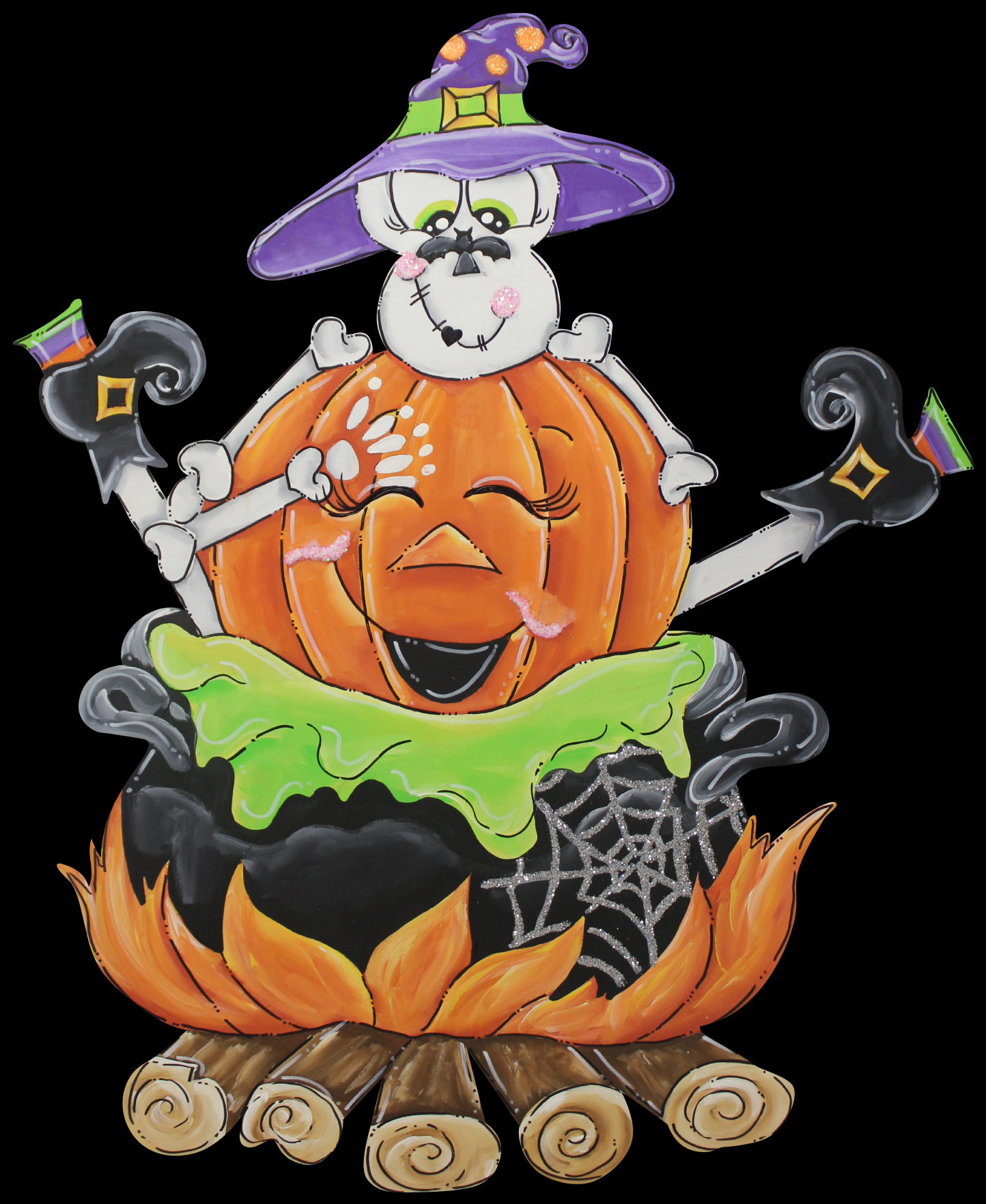 CHELLE BELLE'S CREATIONS SKELTON WITH PUMPKIN IN CAULDRON UNDER THE FIRE