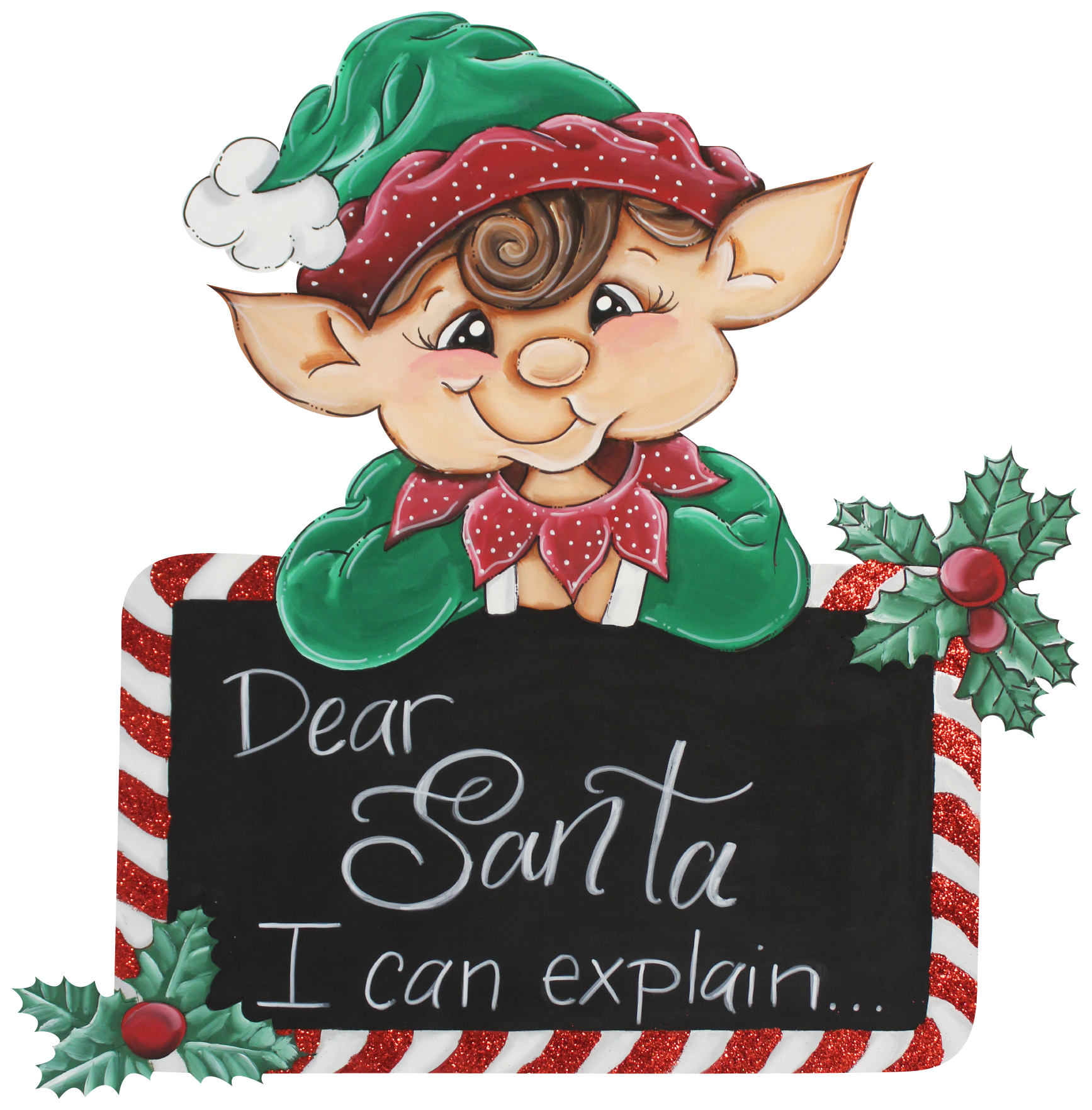 CHELLE BELLE'S CREATIONS ELF WITH SIGN SAYING DEAR SANTA I CAN EXPLAIN