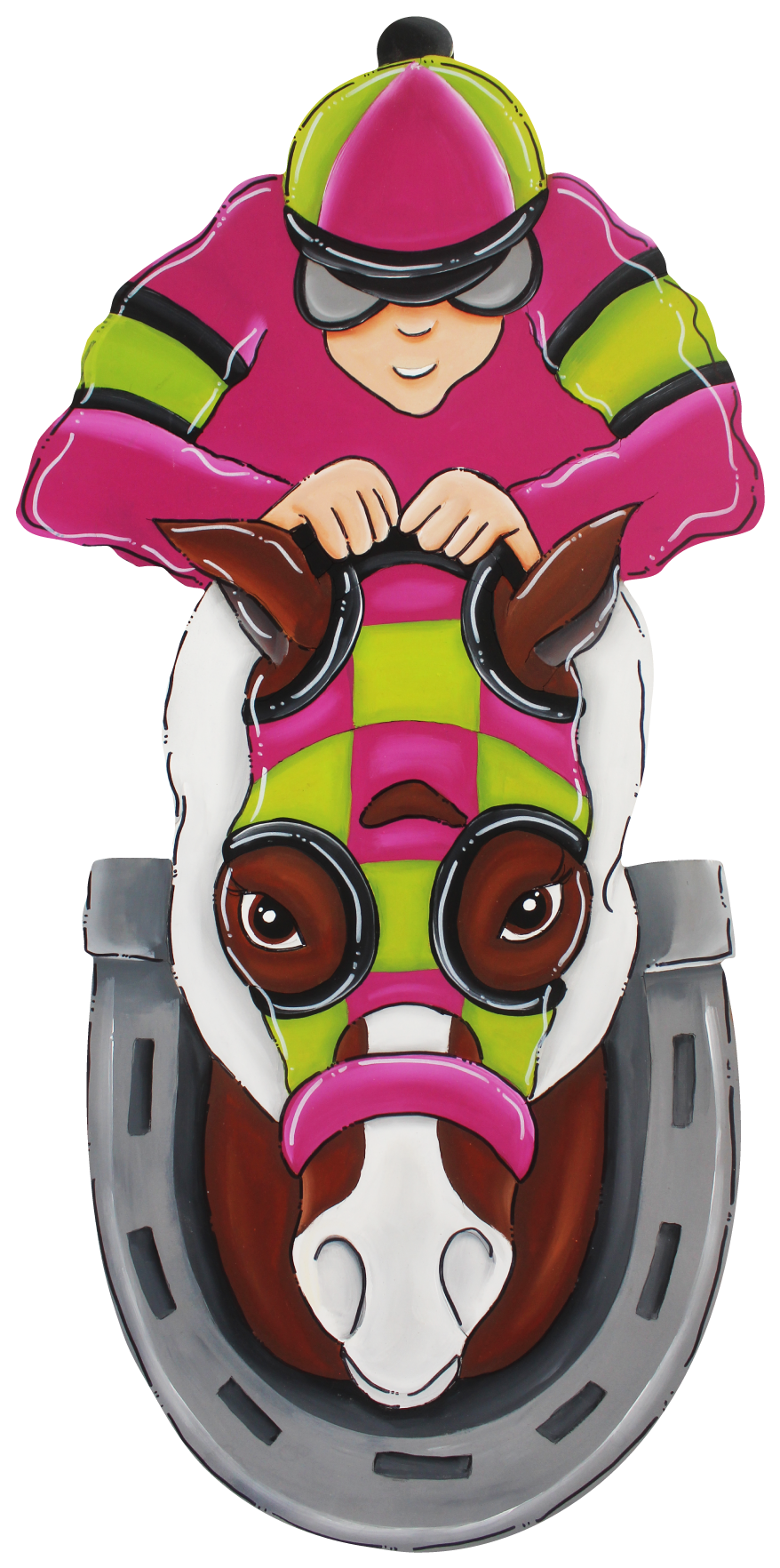 CHELLE BELLE'S CREATIONS  JOCKEY IN PINK AND GREEN WITH HORSE IN A HORSESHOE