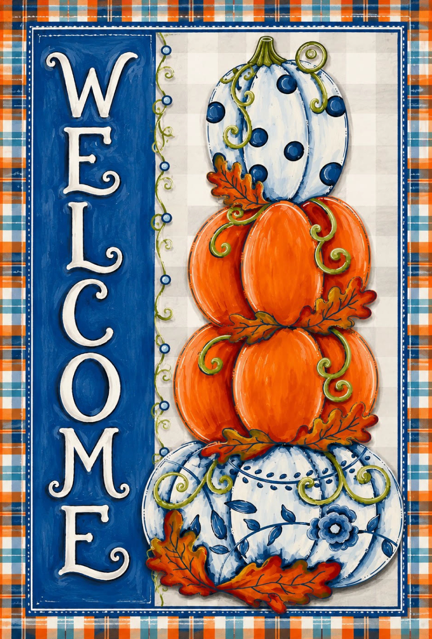 CHELLE BELLE'S CREATIONS WELCOME STACKED PUMPKINS TWO ORANGE TWO BLUE AND WHITE ORANGE BLUE AND WHITE BOARDER