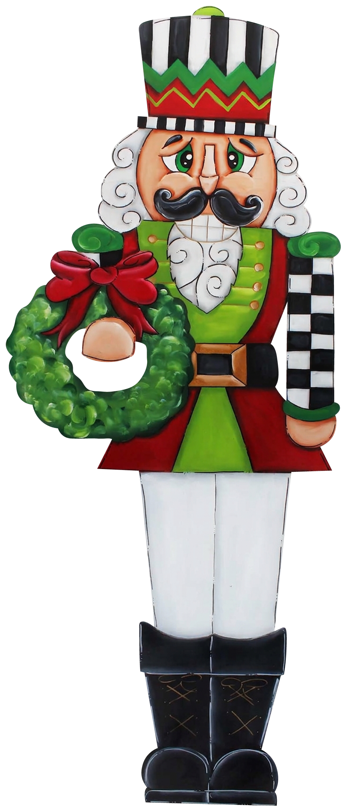 CHELLE BELLE'S CREATIONS NUTCRACKER WITH GREEN SHIRT HOLDING A GREEN WREATH