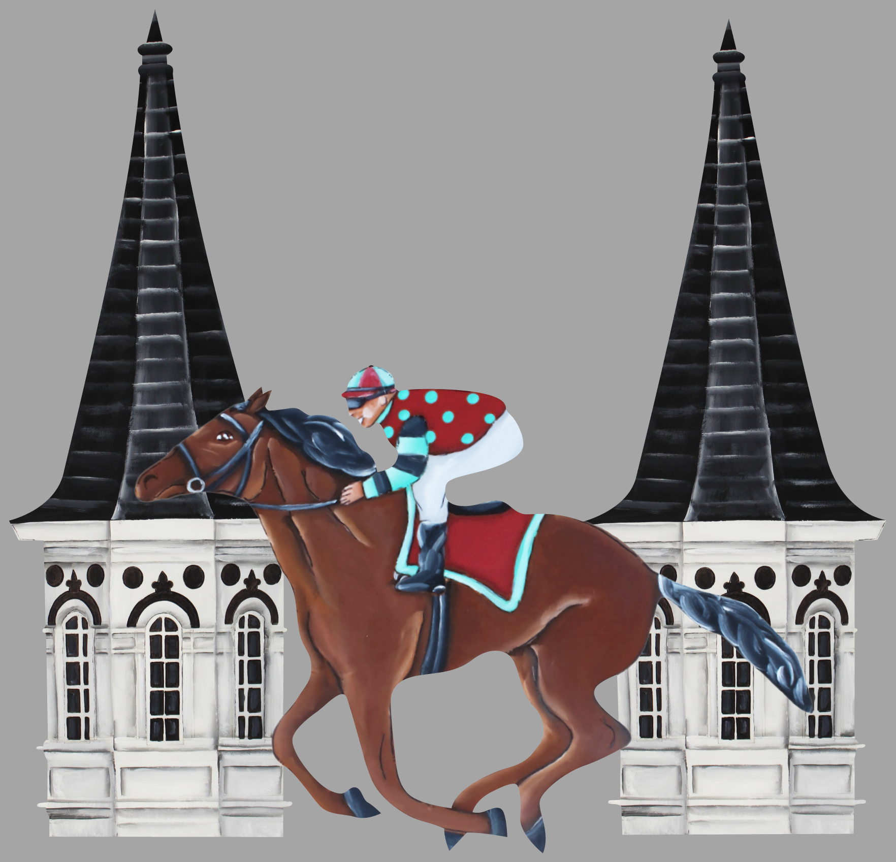 CHELLE BELLE'S CREATIONS RED AND TEAL JOCKEY WITH SPIRES
