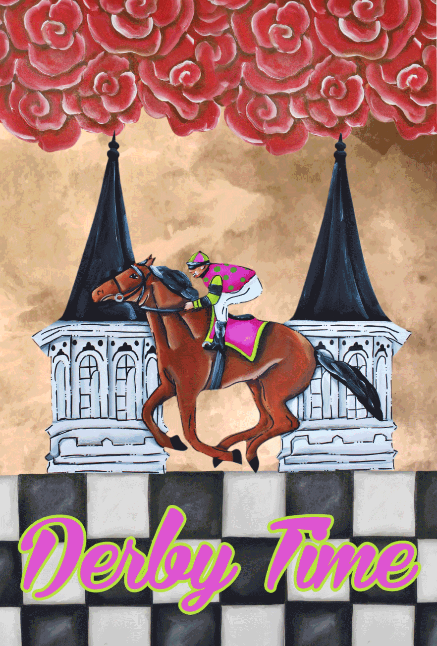 CHELLE BELLE'S CREATIONS PINK TEAL DOTS  JOCKEY WITH SPIRES DERBY TIME