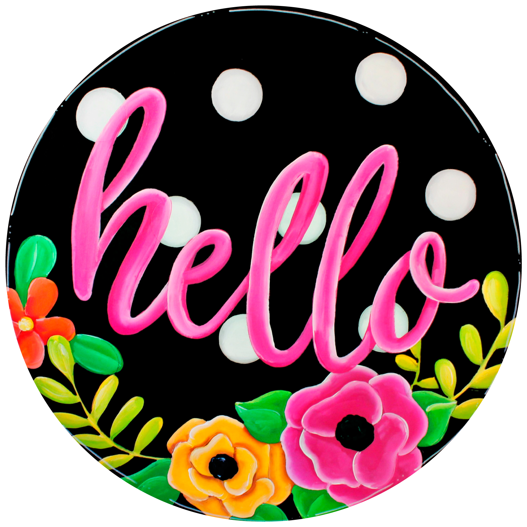 CHELLE BELLE'S CREATIONS BLACK ROUND WITH PINK HELLO AND FLOWERS