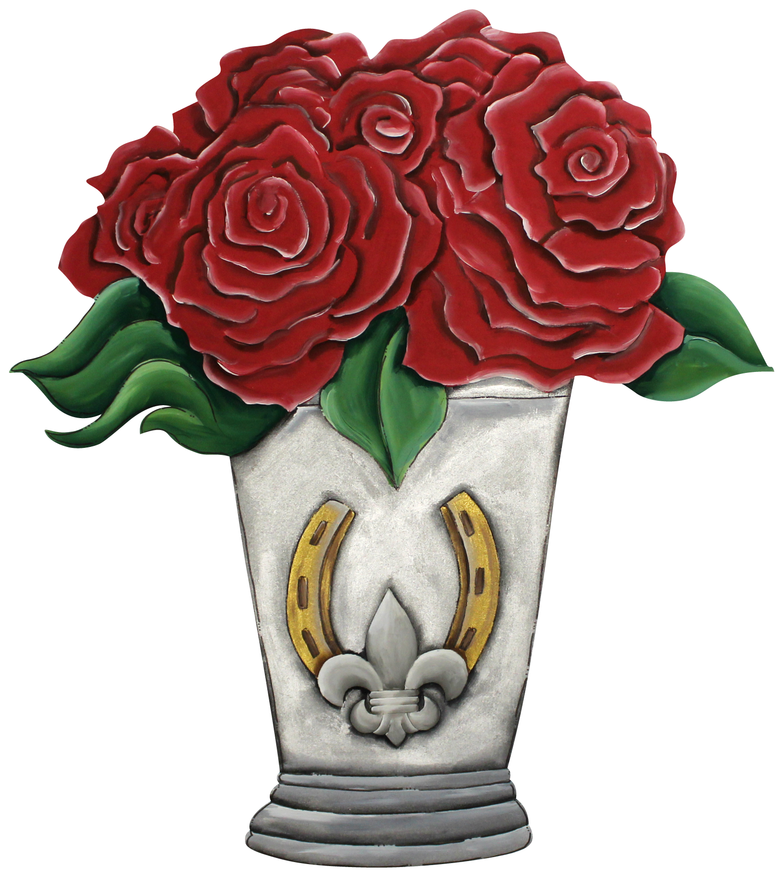 CHELLE BELLE'S CREATIONS SILVER CUP WITH HORSESHOE AND RED ROSES