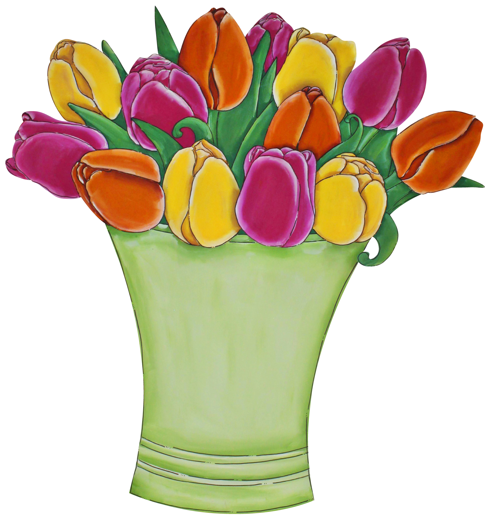 CHELLE BELLE'S CREATIONS GREEN VASE WITH COLORFUL TULIPS