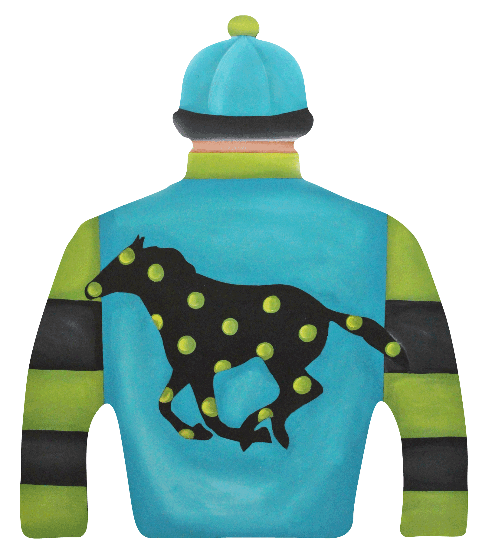 CHELLE BELLE'S CREATIONS TEAL GREEN BLACK JOCKEY SILK WITH BLACK HORSE GREEN DOTS