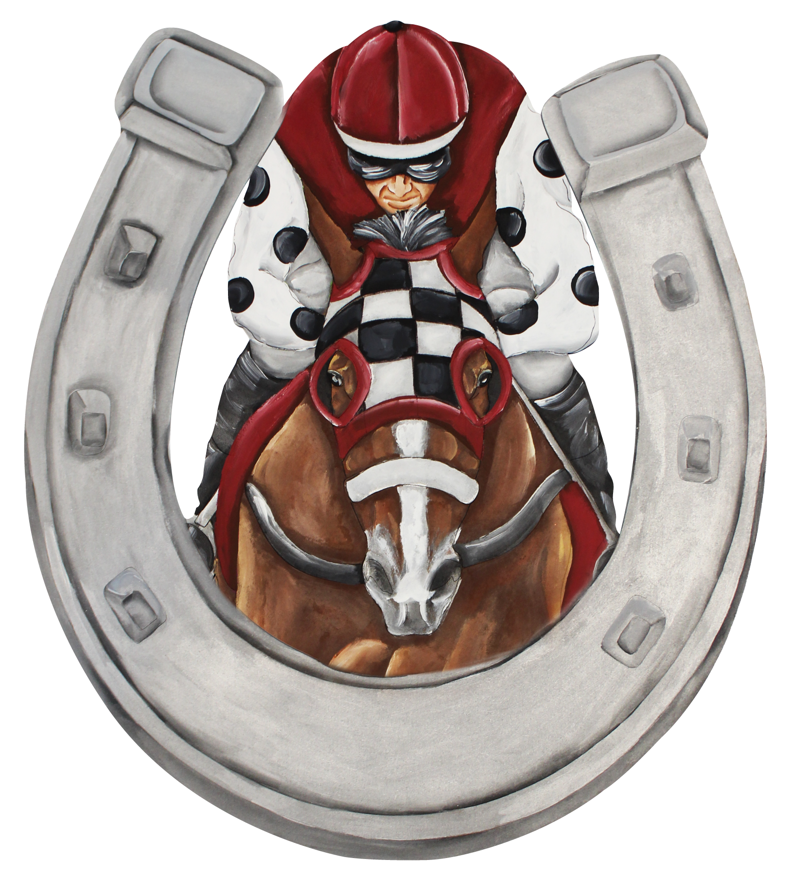 CHELLE BELLE'S CREATIONS SILVER HORSE SHOE WITH RED WHITE BLACK JOCKEY ON HORSE