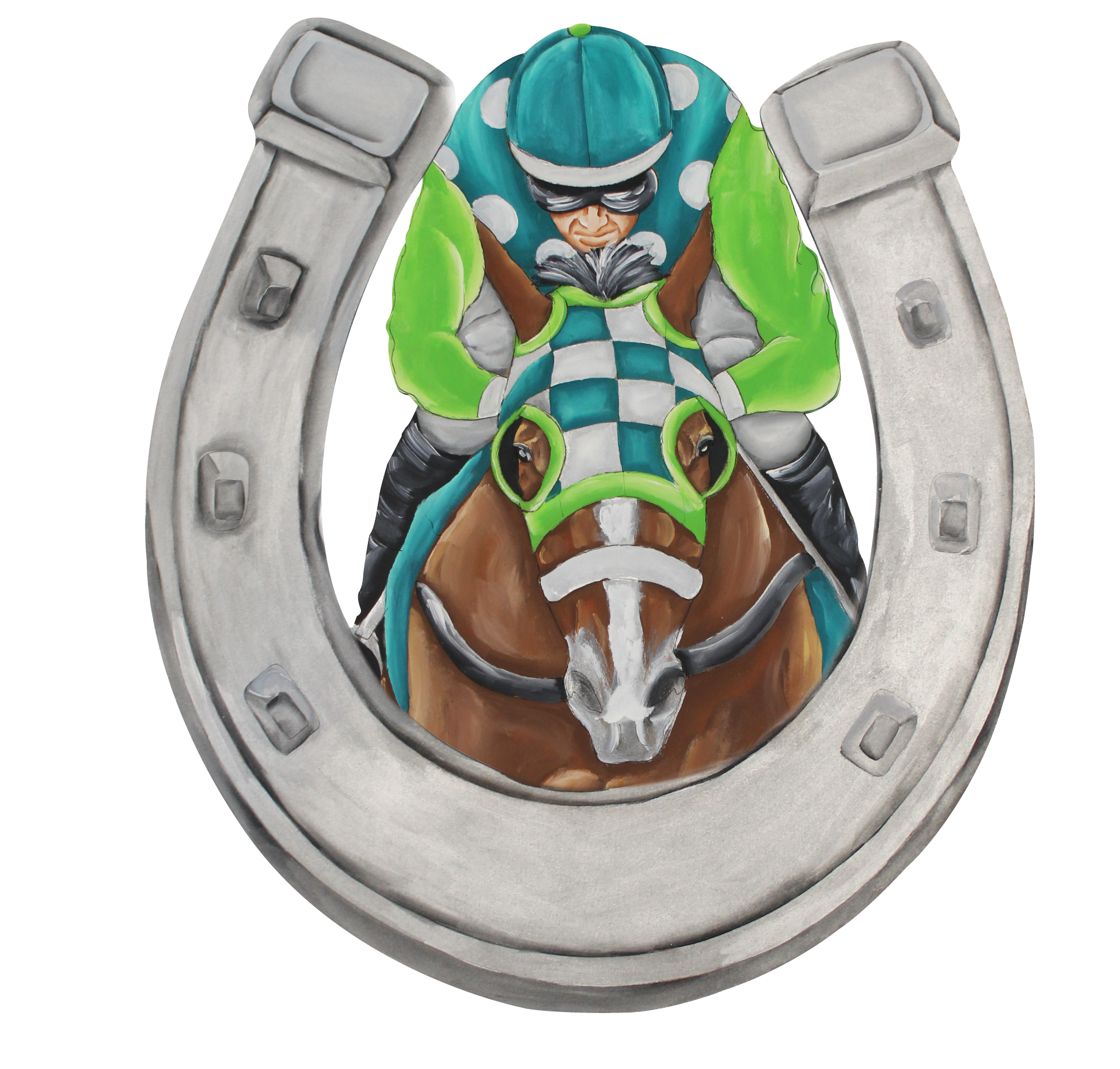 CHELLE BELLE'S CREATIONS SILVER HORSE SHOE WITH GREEN TEAL AND WHITE JOCKEY ON HORSE