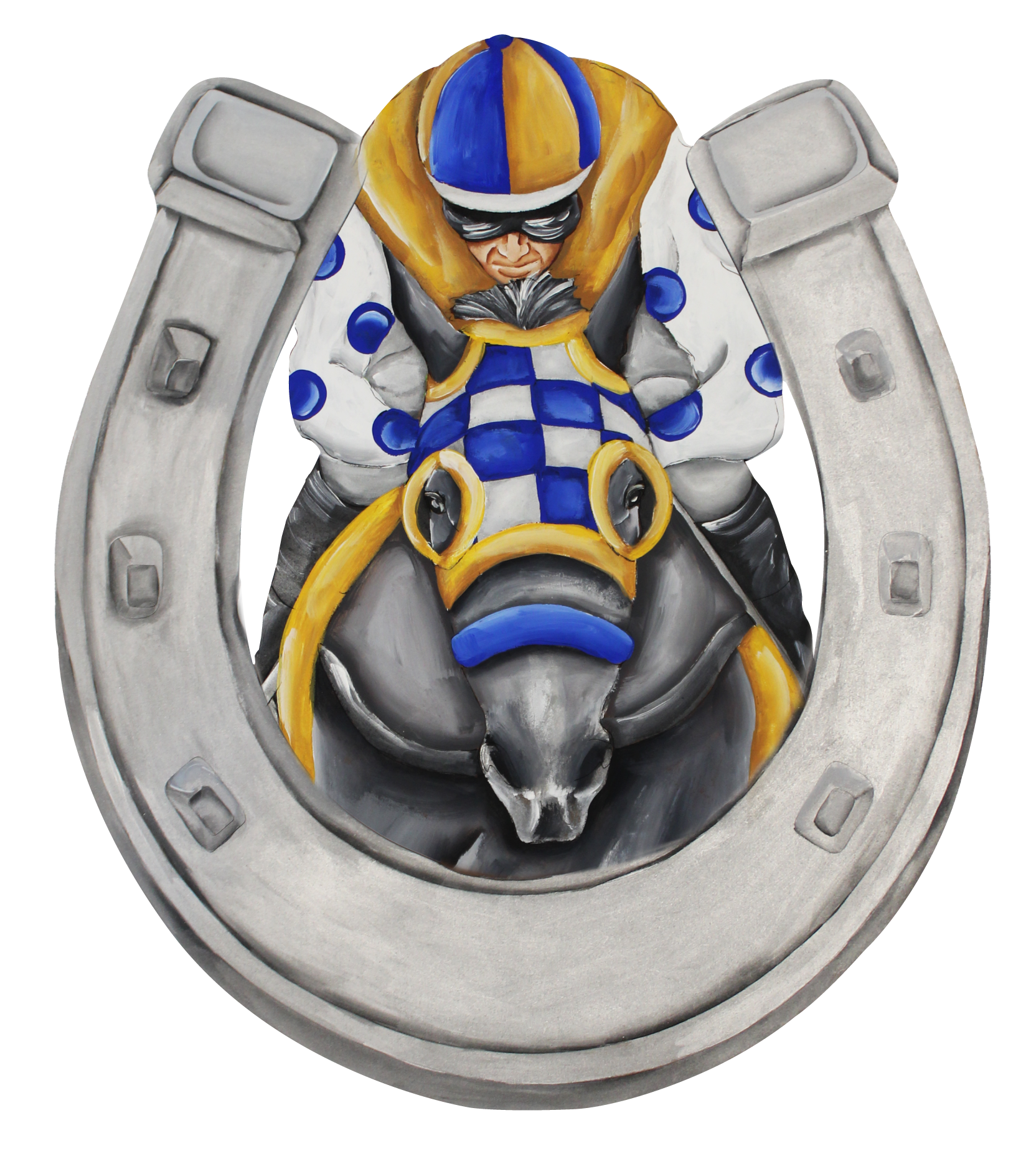 CHELLE BELLE'S CREATIONS SILVER HORSE SHOE WITH BLUE GOLD AND WHITE JOCKEY ON HORSE