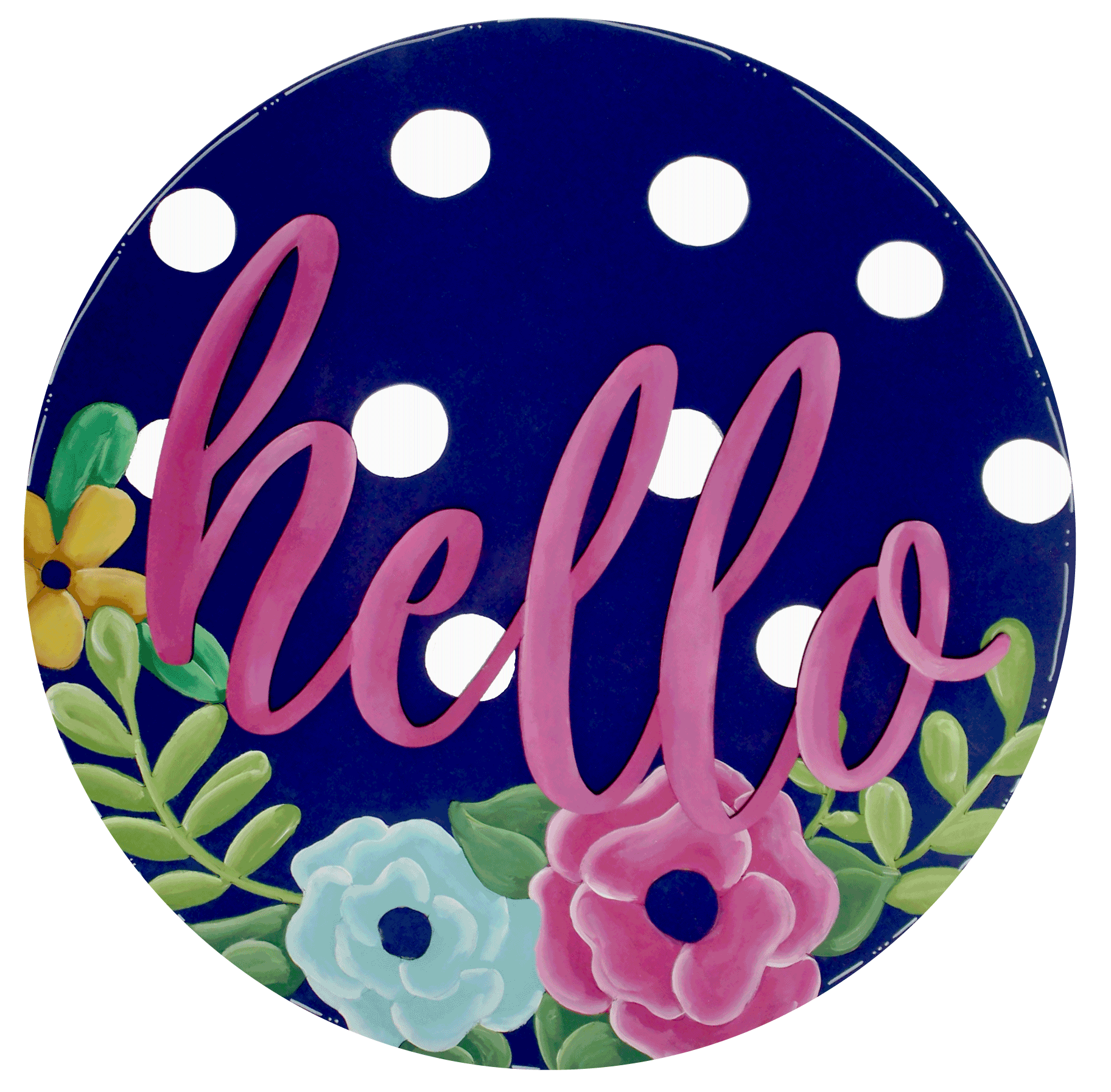 CHELLE BELLE'S CREATIONS ROUND PURPLE WITH WHITE DOTS AND PINK HELLO