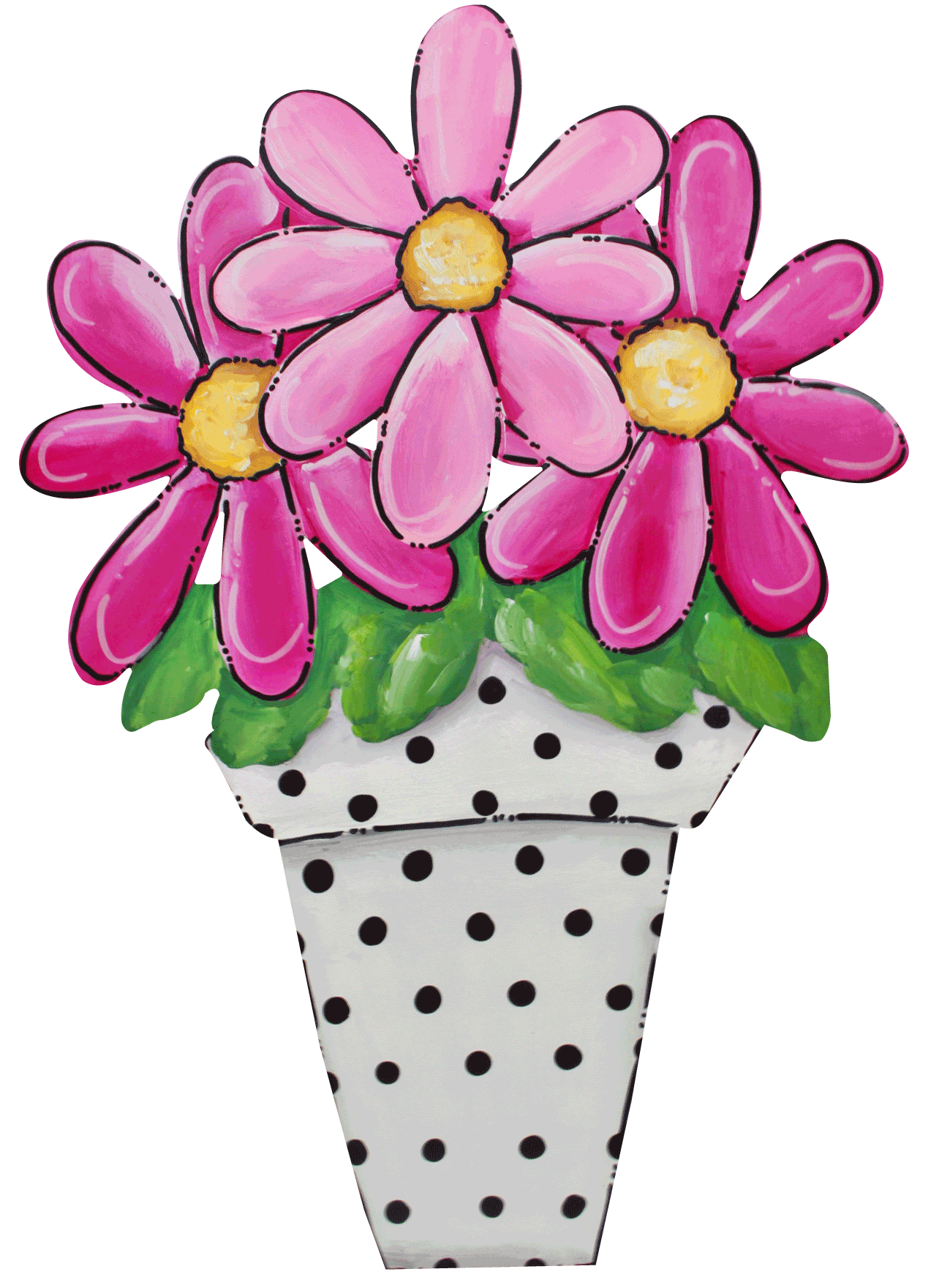 CHELLE BELLE'S CREATIONS WHITE VASE WITH BLACK DOTS PINK FLOWERS