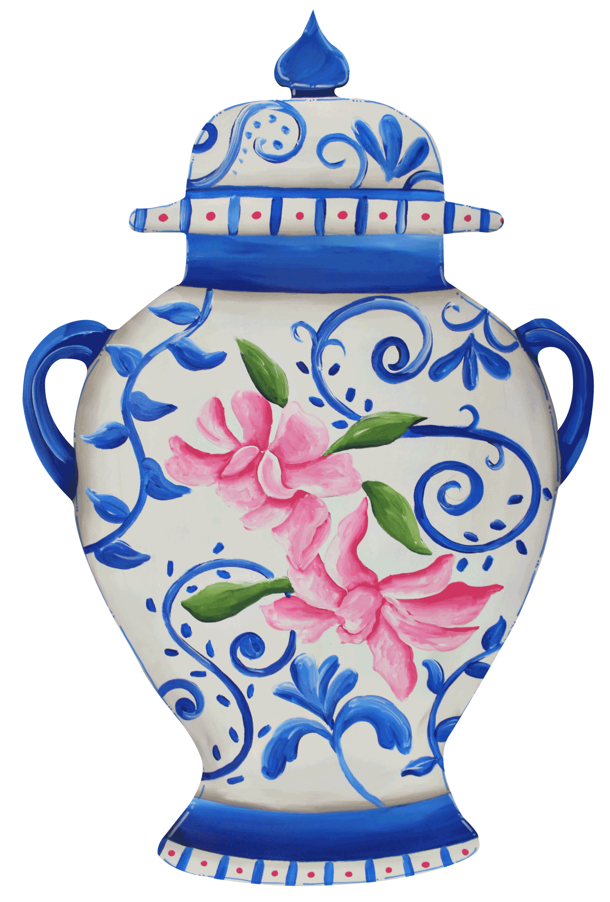 CHELLE BELLE'S CREATIONS BLUE AND WHITE GINGER JAR  WITH PINK FLOWERS