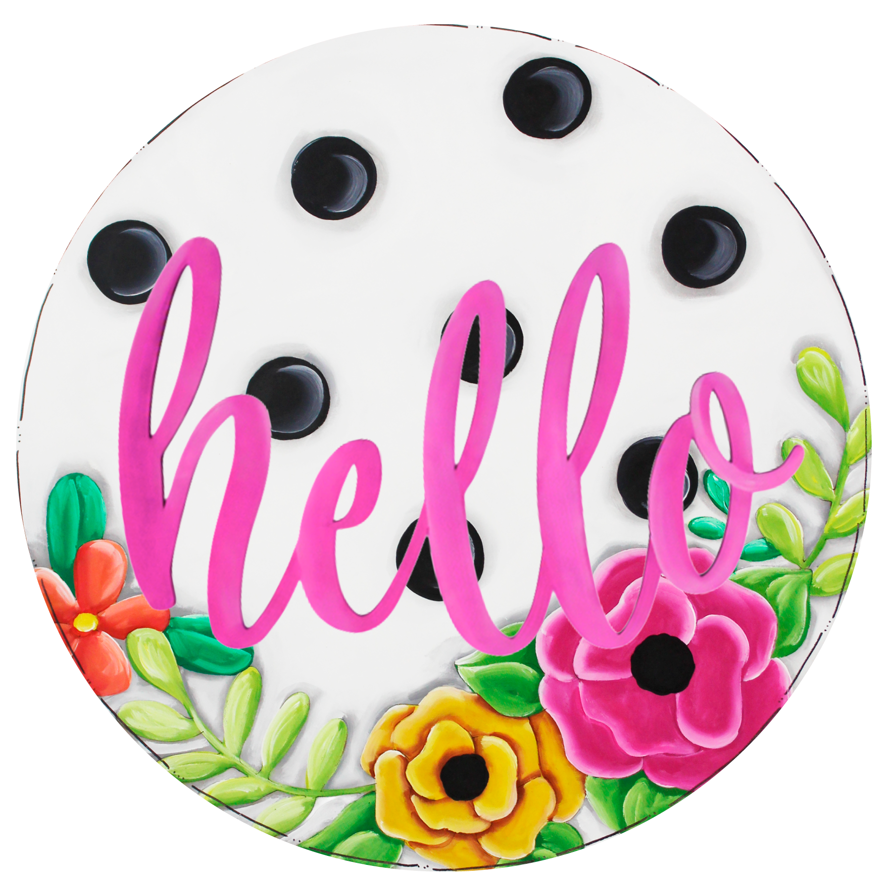 CHELLE BELLE'S CREATIONS ROUND WHITE WITH BLACK DOTS PINK HELLO