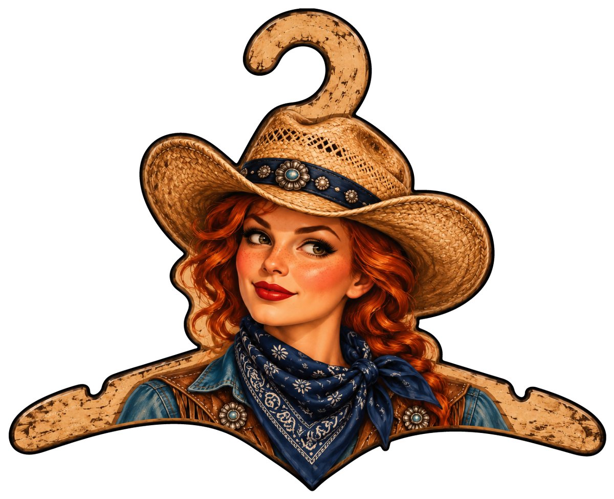 CABIN CUTTERS RED HAIR COWGIRL WITH TAN HAT BLUE BANDANNA LOOKS LIKE A HANGER