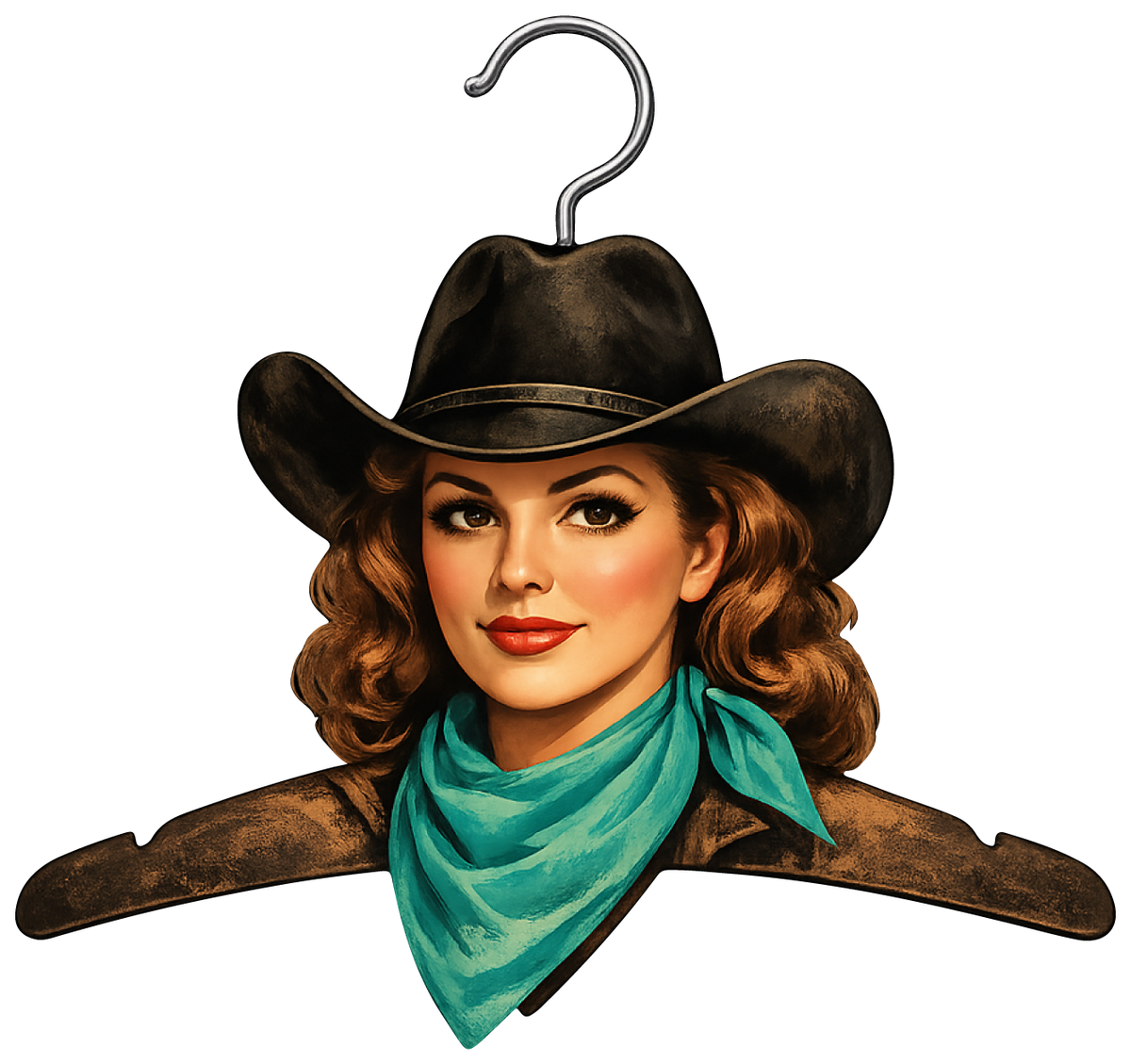 CABIN CUTTERS BROWN HAIR COWGIRL WITH BLACK HAT TEAL BANDANNA LOOKS LIKE A HANGER