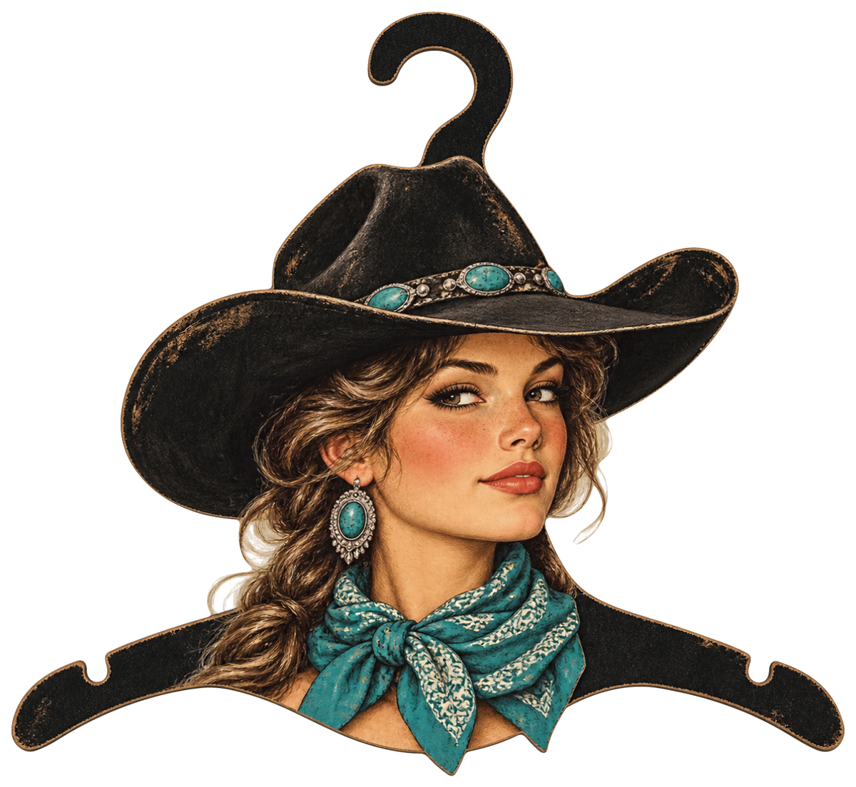 CABIN CUTTERS DIRTY BLONDE HAIR COWGIRL WITH BLACK HAT TURQUOISE SYMBOLS AND  TEAL WHITE  BANDANNA LOOKS LIKE A HANGER