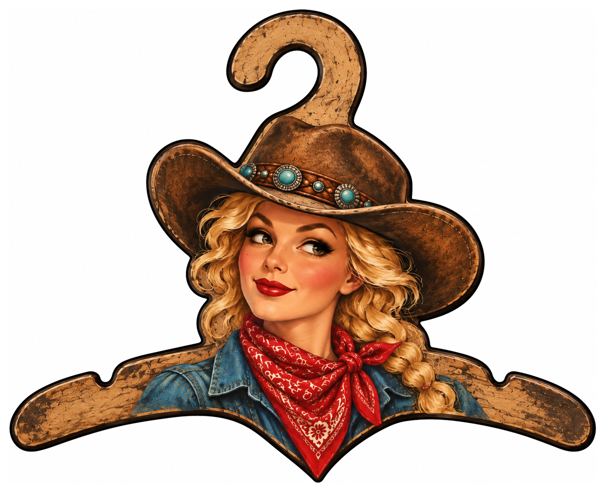 CABIN CUTTERS  BLONDE HAIR COWGIRL WITH TAN HAT TURQUOISE SYMBOLS AND RED WHITE  BANDANNA LOOKS LIKE A HANGER