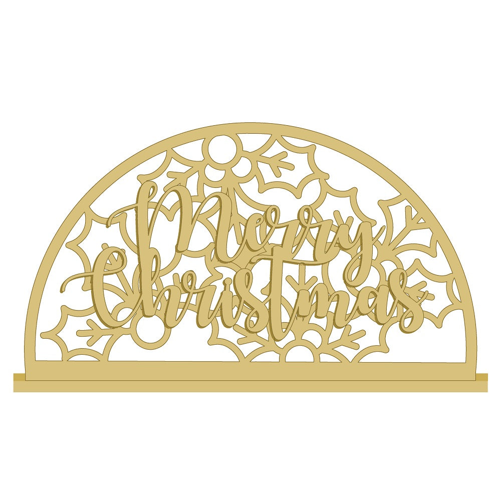 3D Arch MDF Cutout Merry Christmas With Holly Pattern - Unfinished For DIY
