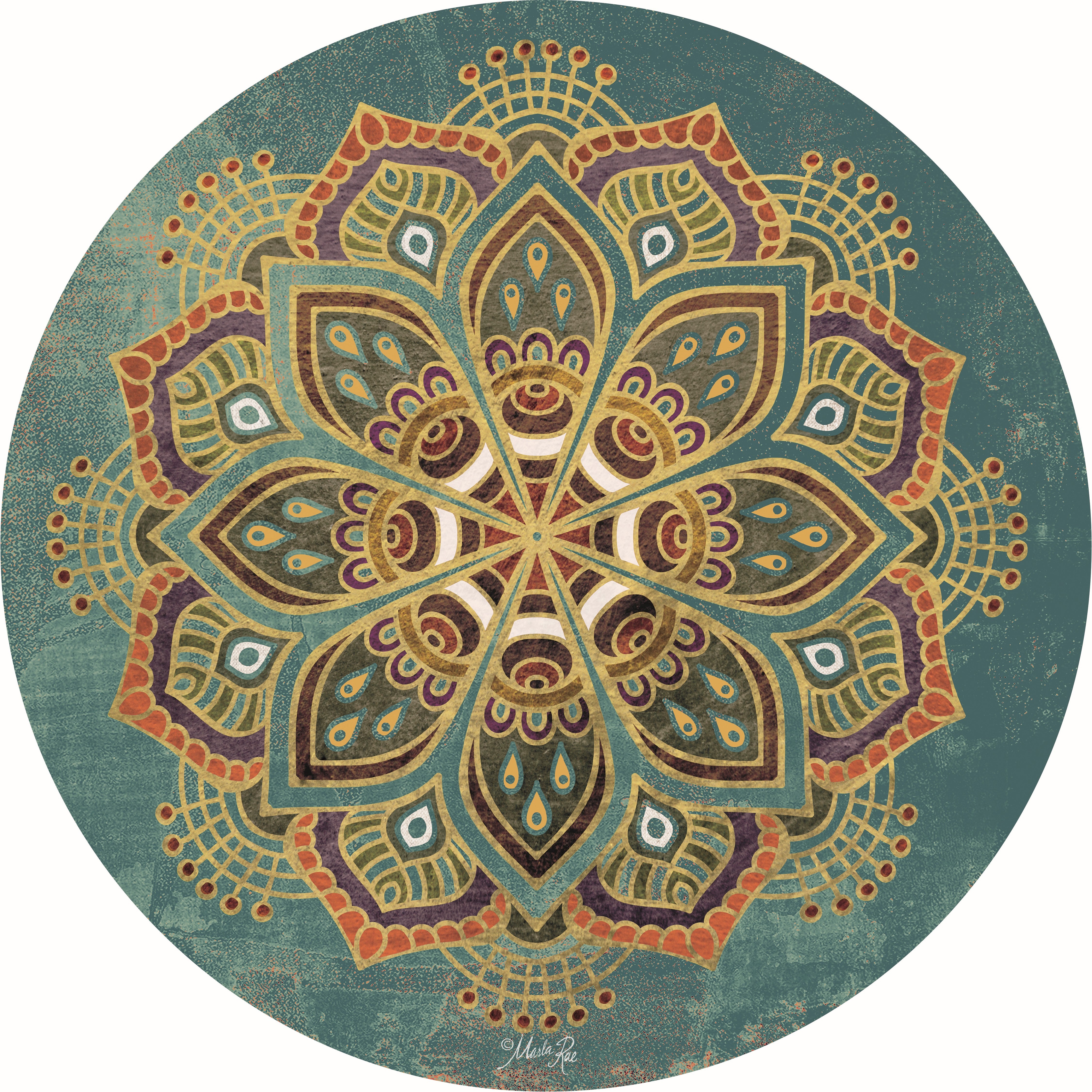 PAULA  GRAFSTEIN GREEN ORANGE BLUE  MANDALA DESIGN
