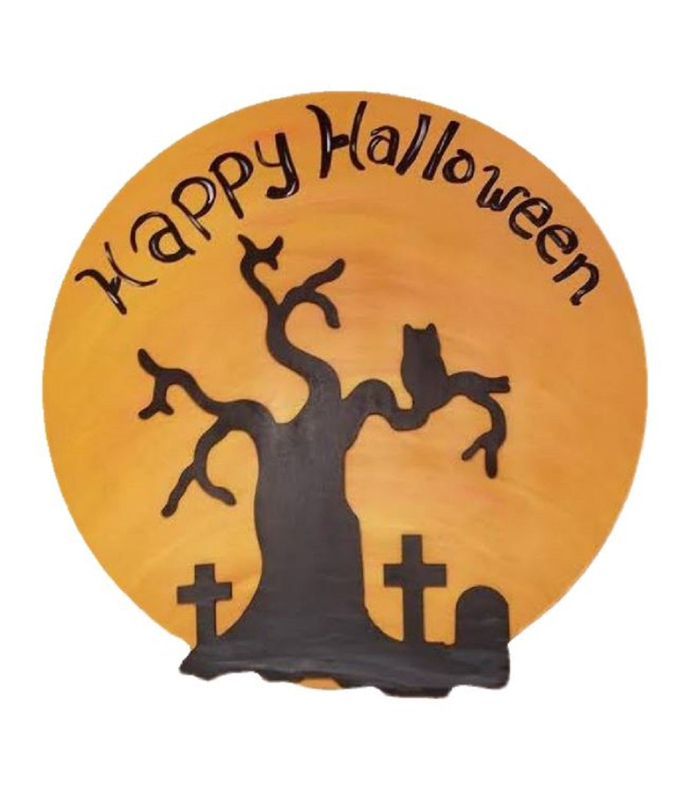 Basic Shape Tree MDF Cutout Haunted Graveyard Scene With Cat Silhouette - Unfinished For DIY