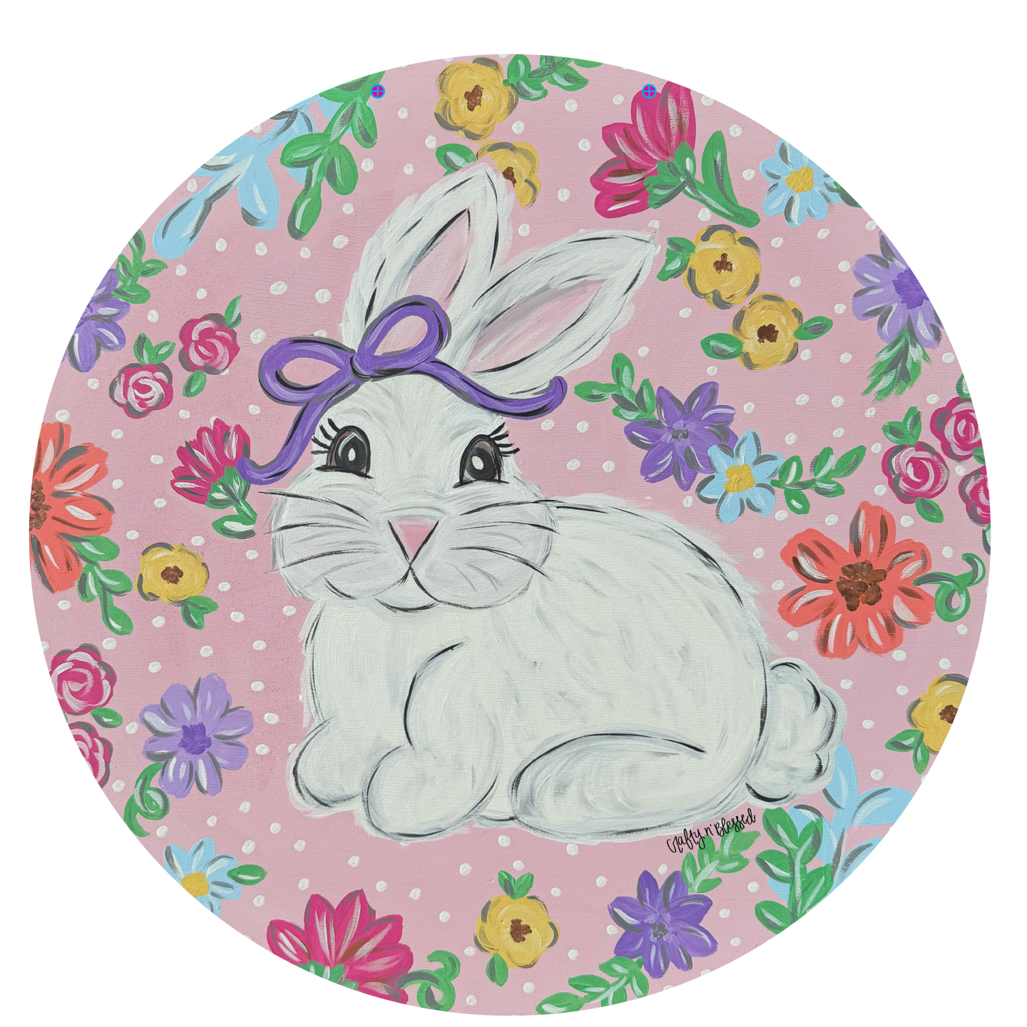 CRAFTY N BLESSED ROUND WITH FLORAL AND WHITE BUNNY