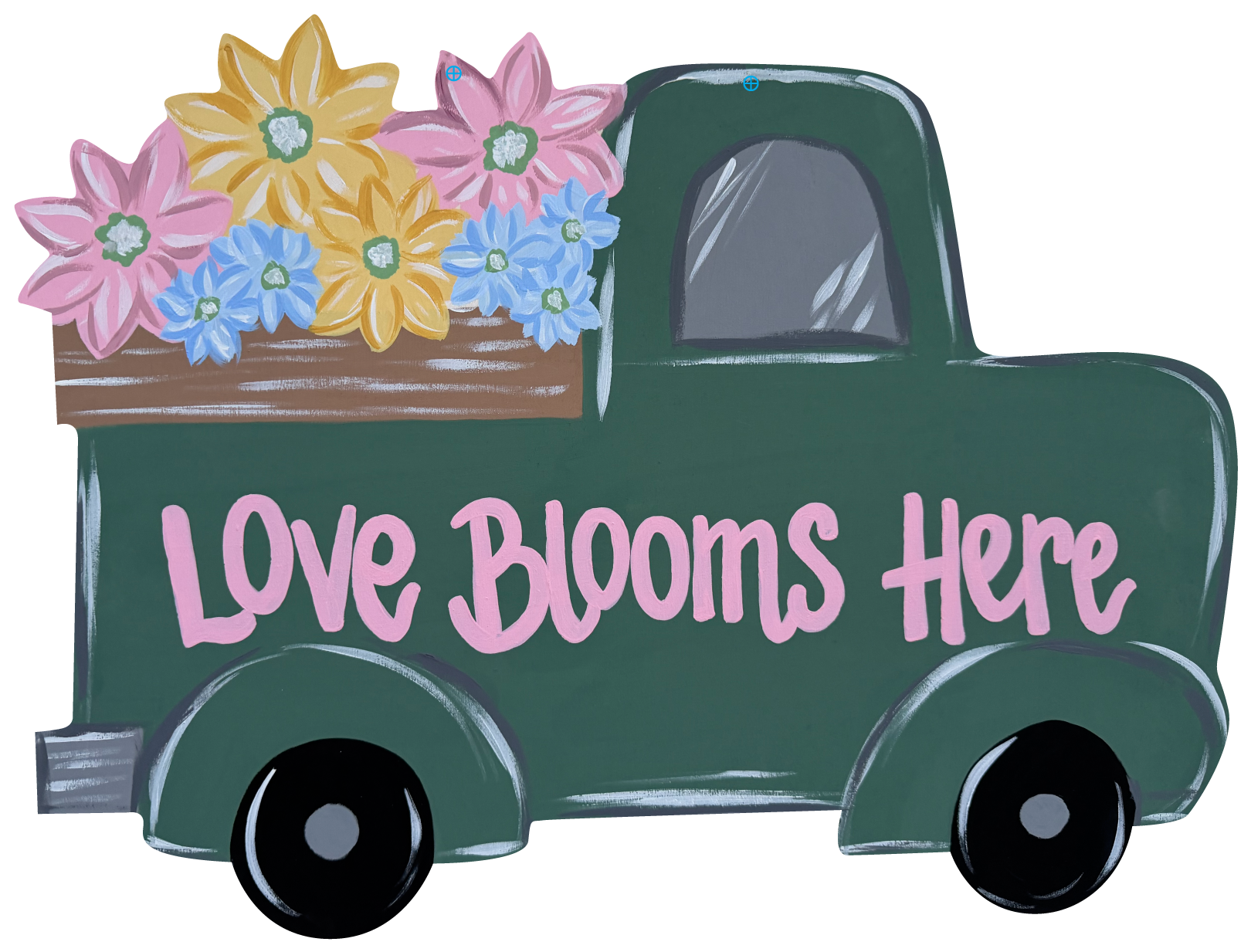 CRAFTY N BLESSED GREEN TRUCK WITH FLOWERS LOVE BLOOMS HERE