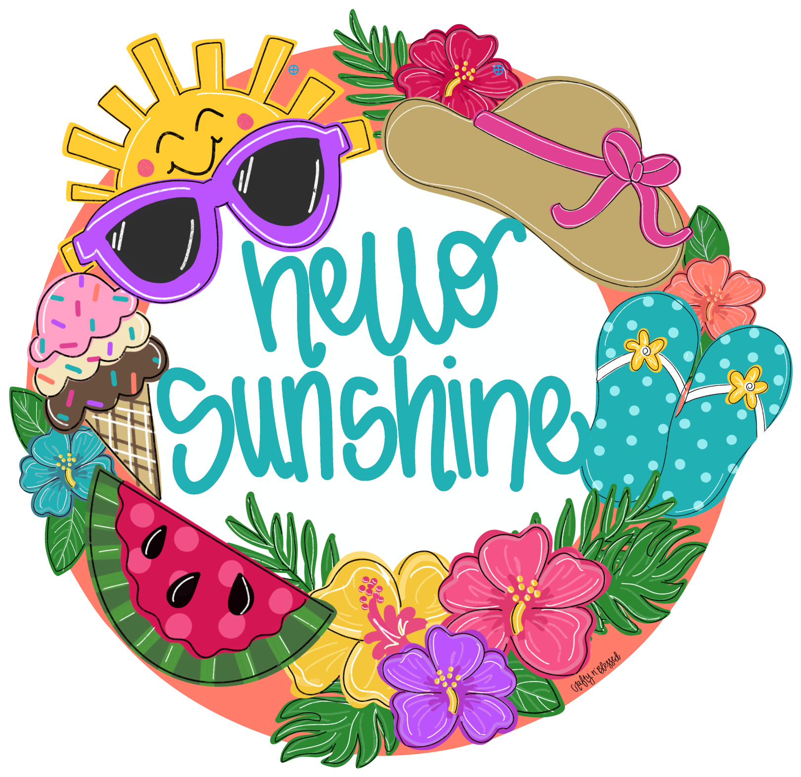 CRAFTY N BLESSED PEACH COLOR WITH WATERMELLON, FLOWERS, FLIPFLOPS SUNGLASSES HELLO SUNSHINE