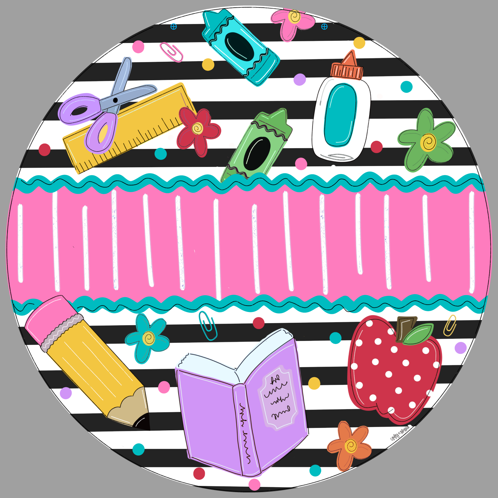 CRAFTY N BLESSED ROUND BLACK WHITE STRIPE PINK MIDDLE SCHOOL SUPPLIES