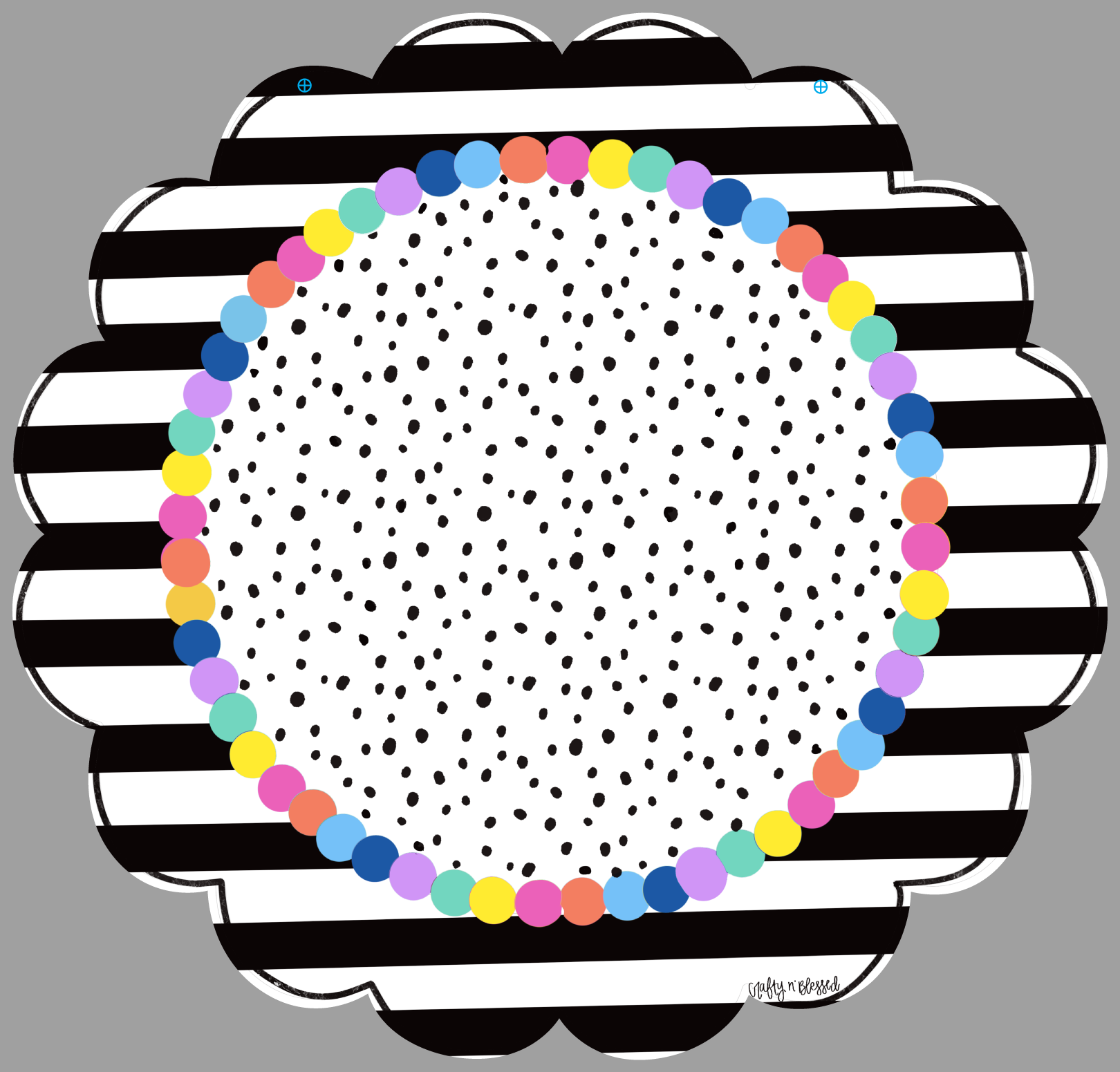 CRAFTY N BLESSED SCALLOPED ROUND BLACK AND WHITE WITH COLORFUL DOTS